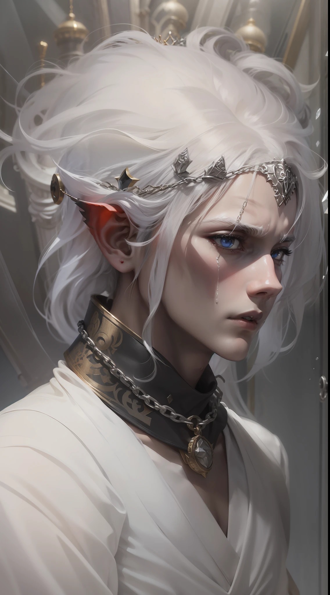 white color hair,Red eyes,On his head he wears a black sharp crown,There are anklets on the feet,A chain is worn around his neck,Chain in hand,Show a look of shame,There are tears in the corners of the eyes,There is white liquid coming out of the mouth,Kneel on the black floor,White marble pillars,The hall where light shines through the glass,There is a black king sitting next to it,
