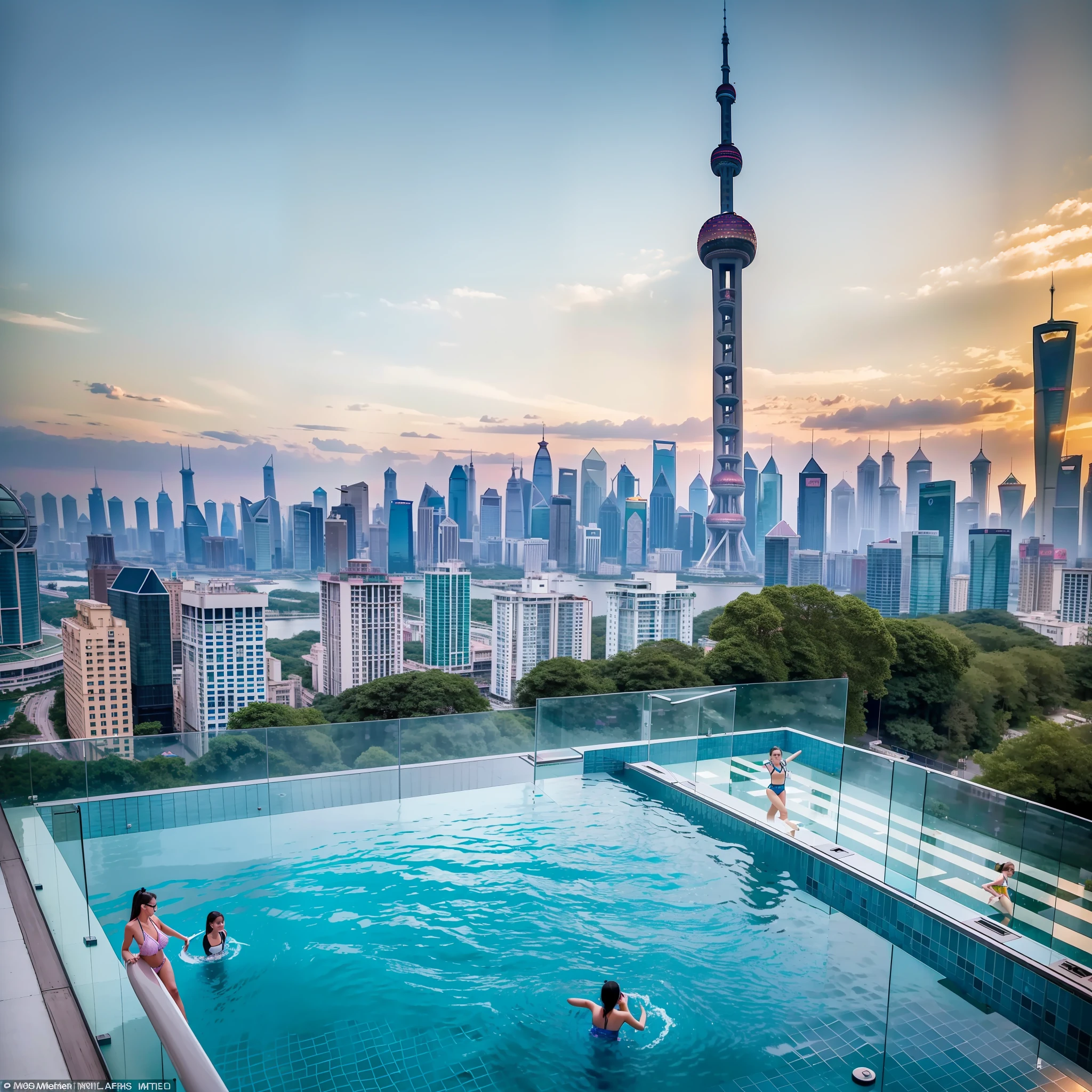 There is a fifth of the forest around，The sky is colorful，Located on the 108th floor of Shanghai Tower on the Bund in Shanghai，Three 13-year-old girls in bikinis frolic in the pool by the floor-to-ceiling windows，High-altitude helicopters fly by from a distance