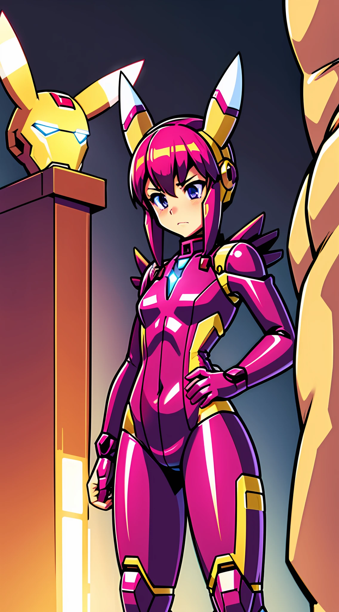 1Girl, small chest, looking at own hands while wearing iron man suit, large mechsuit, Renamon themed mechsuit, Iron man Renamon suit, gold, white, and purple mechsuit, looking at herself, (nervous+confused)