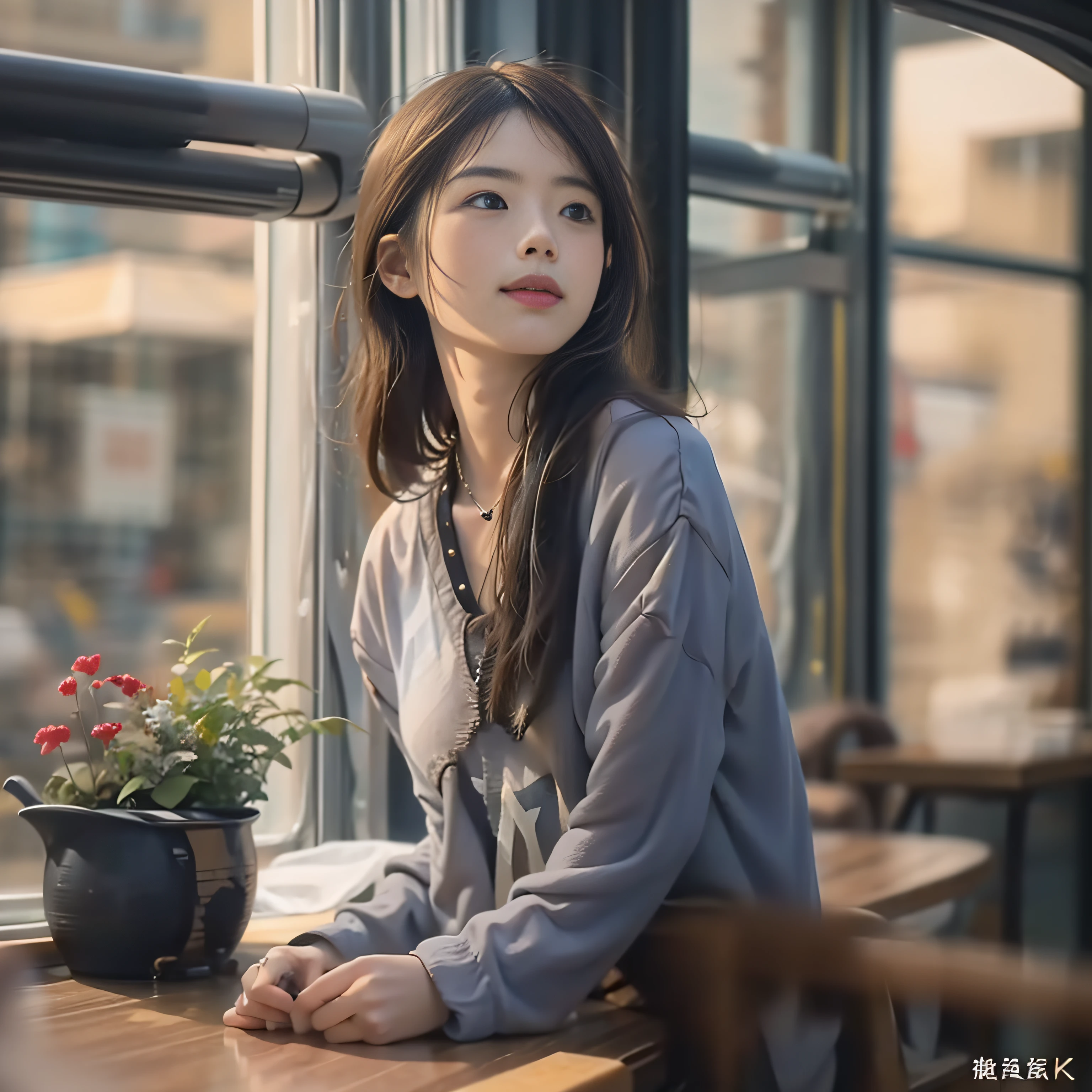 There was a woman standing in front of the window looking out, Beautiful woman in her 20s,(Soft smile),A smile,thinking pose, thoughtful expression, A well-thought-out vision, Thoughtful ), thoughtful pose, Thoughtful, sidewayglance, A young Asian woman, pensive expression, sitting in a café, Young Asian woman, cute young woman, she has a distant expression, profile pose, best qualtiy,extremely detailed CG unity 8k wal,电影灯光,ssmile,