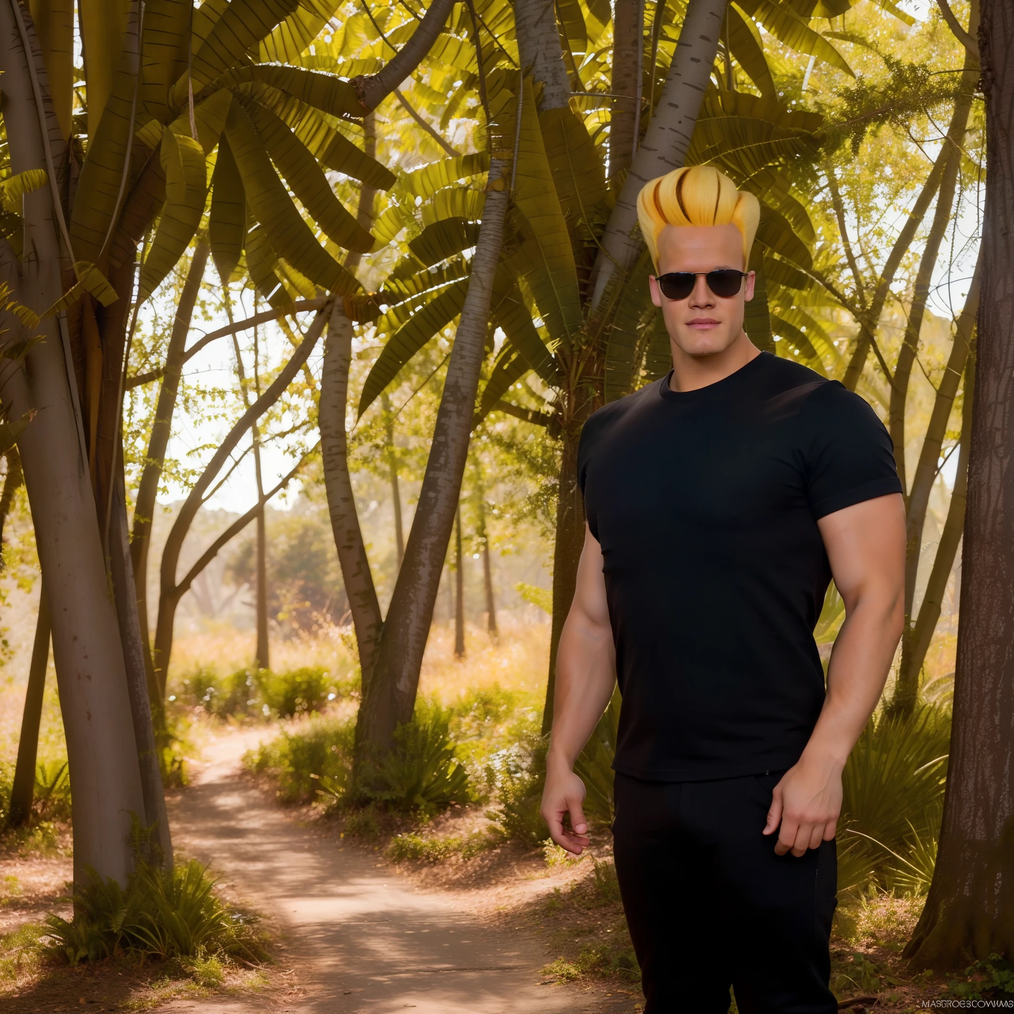 professional photo of johnny bravo, 1boy, sunglasses, black shirt, detailed skin, detailed eyes, bouncer, photo made with Canon EOS in naturalistic style photography, forest background, popular on artstation, popular on deviantart, popular on flicker