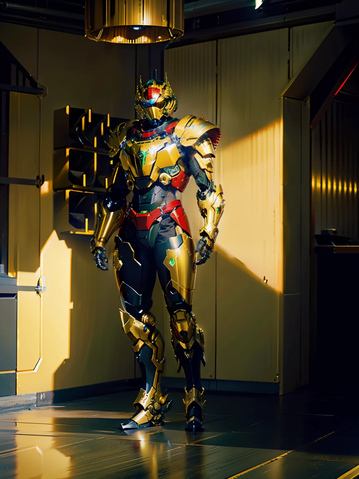 golden armour，Red mechanical compound eyes，Broad-shouldered armor，Metal belt，Full body mecha，Green decoration，red color eyes，Huge metal band