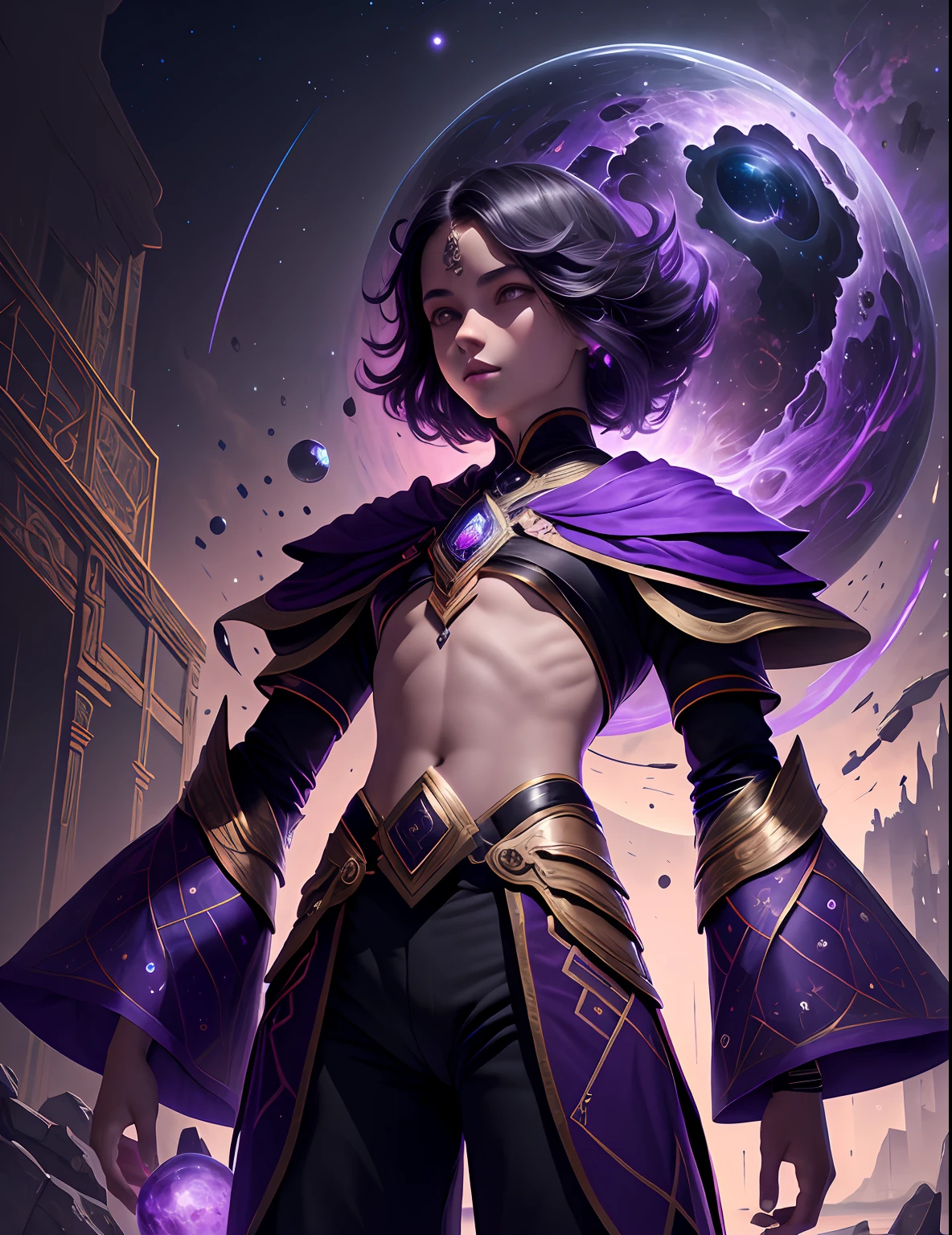 (obra-prima, qualidade superior, melhor qualidade, arte oficial, beautiful and aesthetic: 1.2), menina, menino, rosto detalhado, cabelo preto longo, corpo inteiro, violet blouse and pants, celestial, cosmico, extremamente bonito, alto detalhado, (Galactic in the background), efeitos luminosos, mais detalhado, particle floating, runas antigas, geometric patterns, V0id3nergy, mana, sombras, epic atmosphere