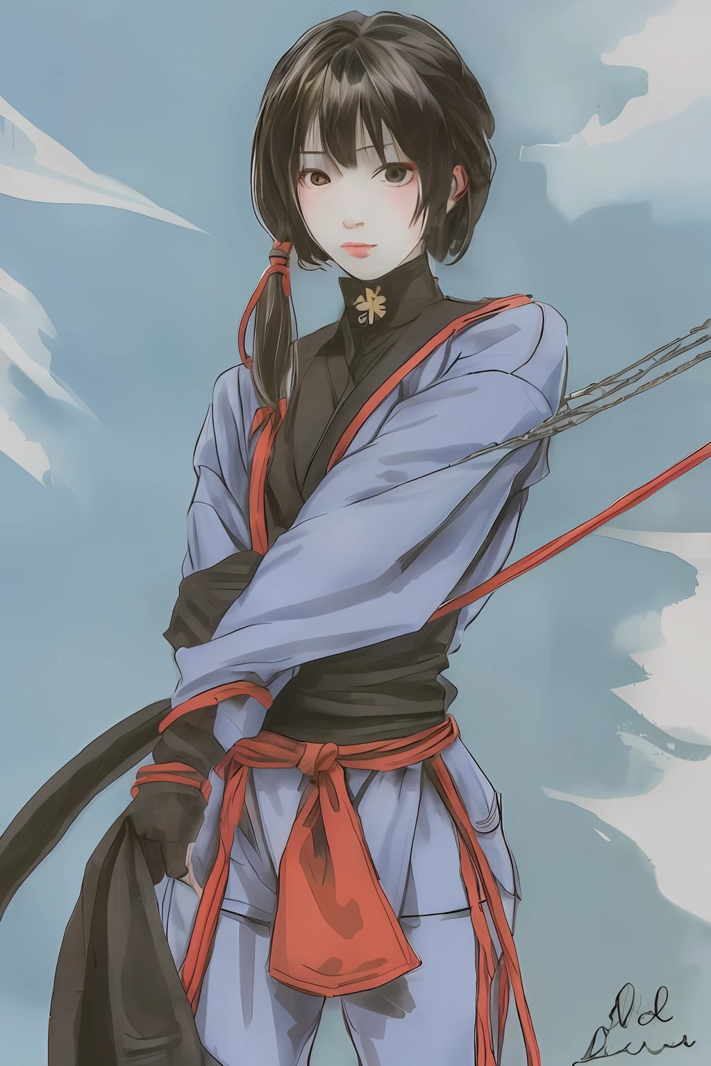 The male ninja is bound by a rope