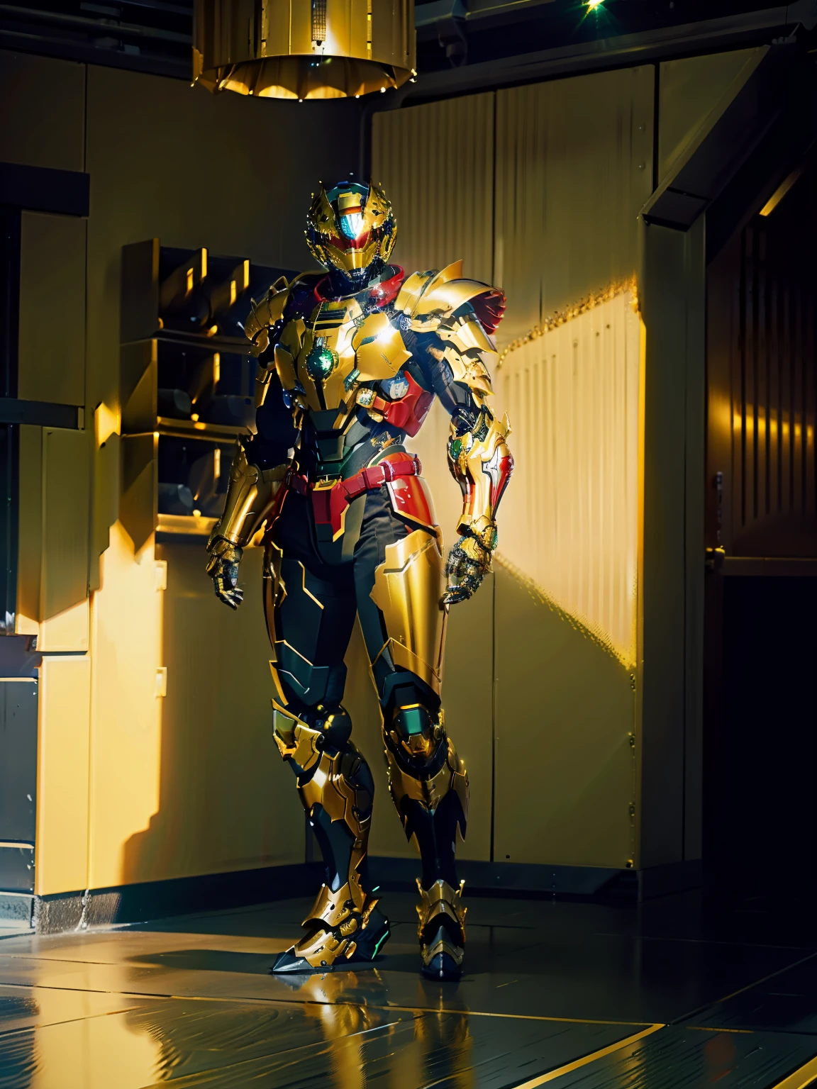 golden armour，Red mechanical compound eyes，Broad-shouldered armor，Metal belt，Full body mecha，Green decoration，red color eyes，Gold metal belt