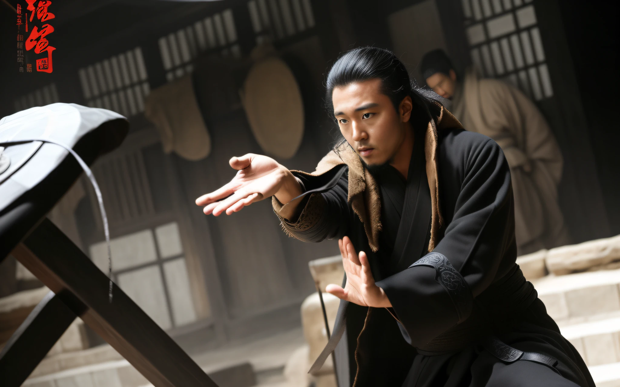 The Arafard man in a black coat holds a knife, feng shu, jin shan, kano tan'yu, pan ren wei, live-action movie scenes, still from live action movie, Li Zixin, in style of pan ren wei, inspired by Wu Daozi, Wuxia, inspired by Li Gonglin, Lu Ji, tian zi