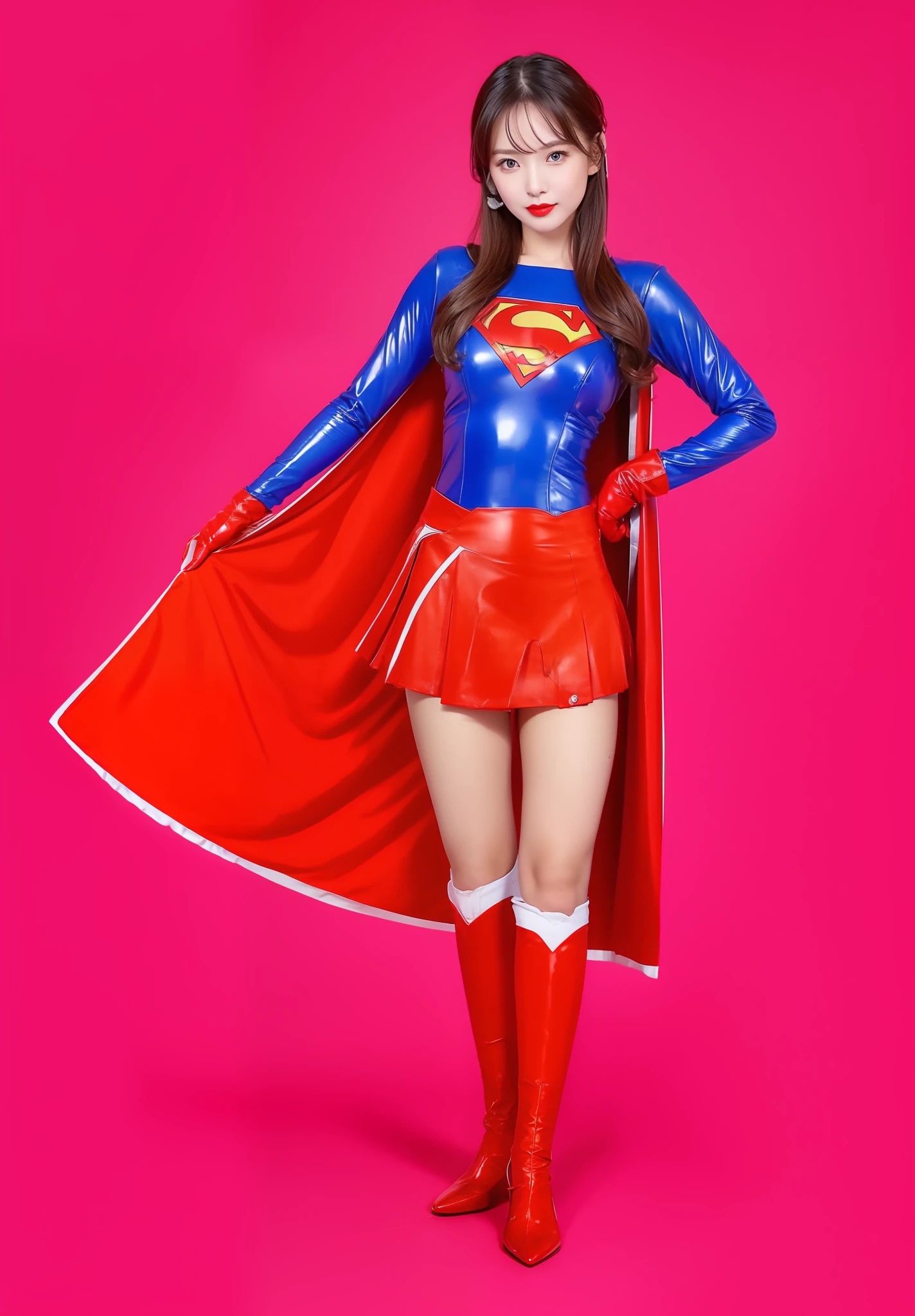 Wearing red gloves、Skirt red、super girl、Superheroine、Wearing stockings、More beautiful from thighs to crotch、