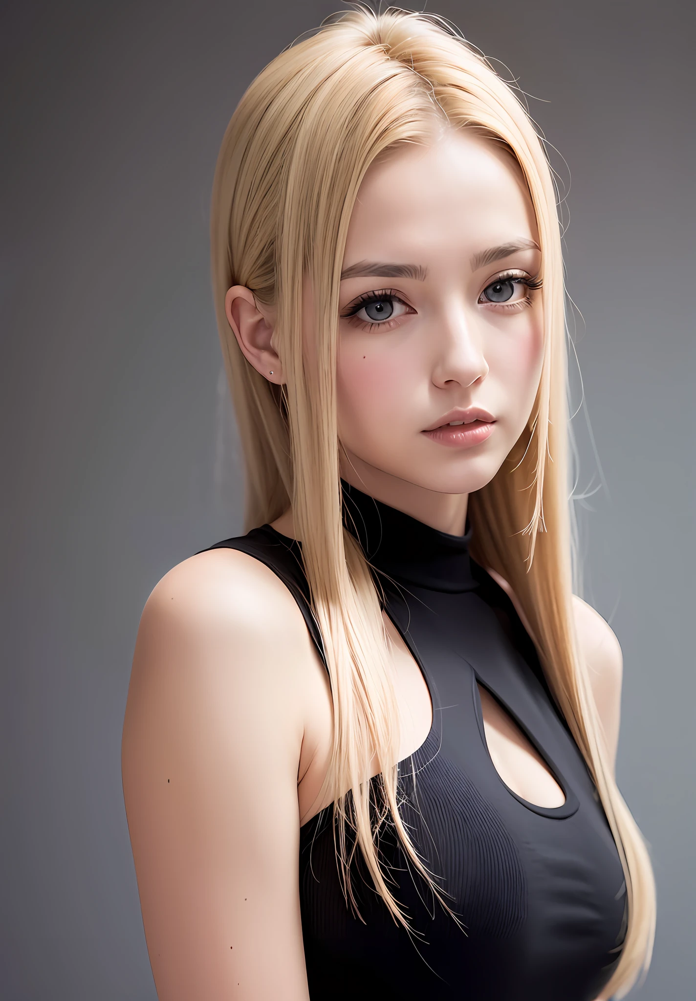 a woman with long blonde hair and a black top, brunette with dyed blonde hair, middle length hair, blonde hair and large eyes, shoulder length hair, parted hair, chin-length hair, straight hairstyle, center parted brown hair, parted light brown hair, gorgeous attractive face, flattering hair, shoulder-length hair, shoulder - length hair
