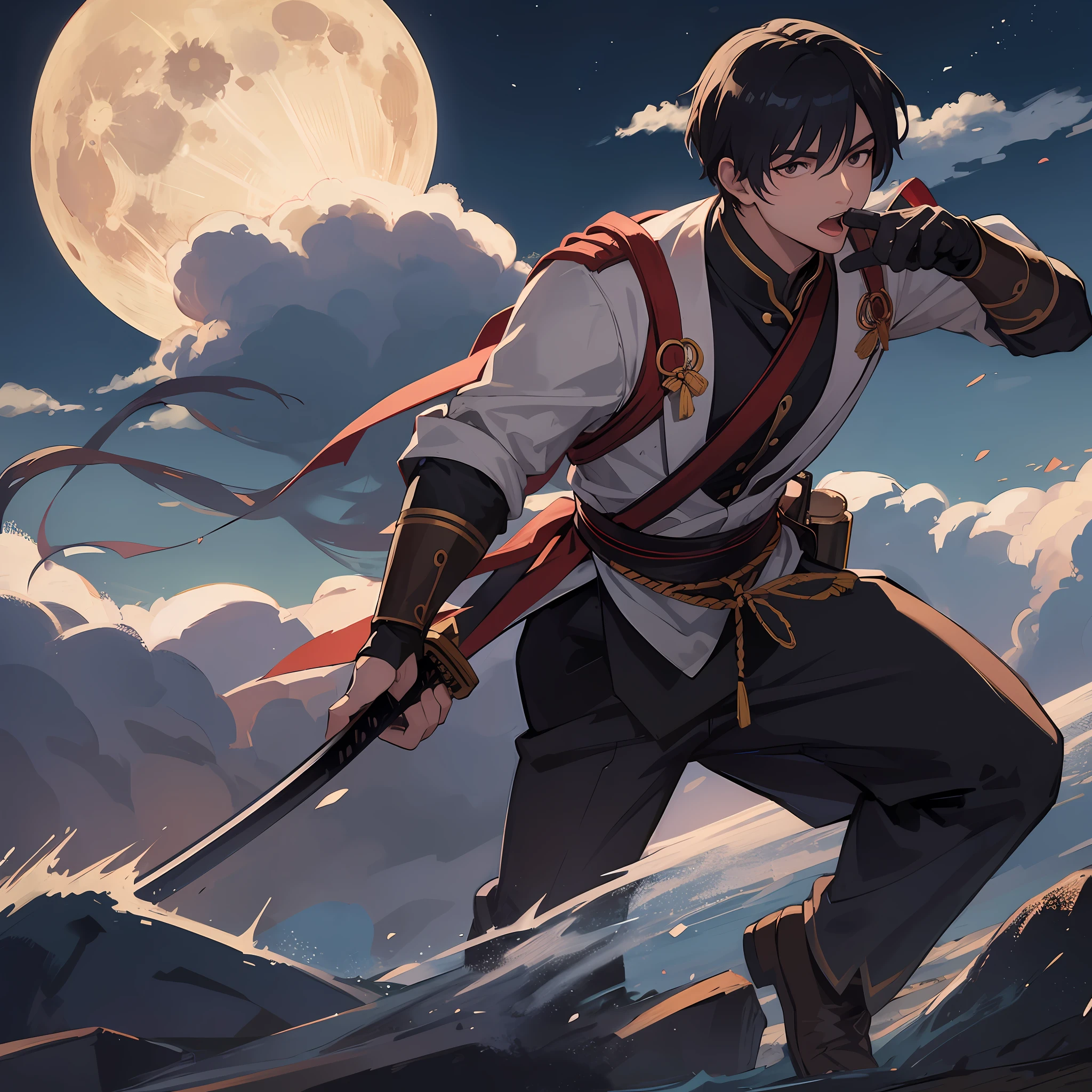 Taiwanese man 30 year old wearing traditional war clothes and slashing an ennemy with his katana, shouting, short black hair, night scene in the hills, moon on the background, anime, wide shot