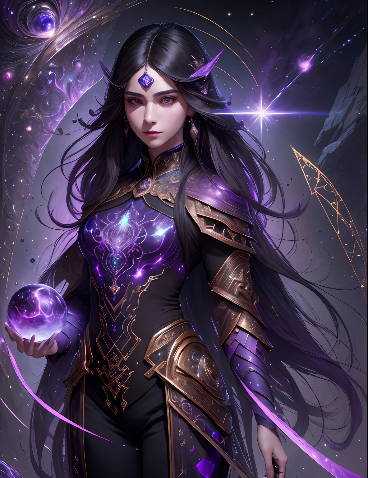 (masterpiece, top quality, best quality, official art, beautiful and aesthetic:1.2), girl, detailed face, long black hair, full body, violet blouse and pants, celestial, cosmic, extremely beautiful, high detailed, (galactic in background), luminous effects, highest detailed, floating particles, ancient runes, geometric patterns, V0id3nergy , mana, shadows, epic atmosphere
