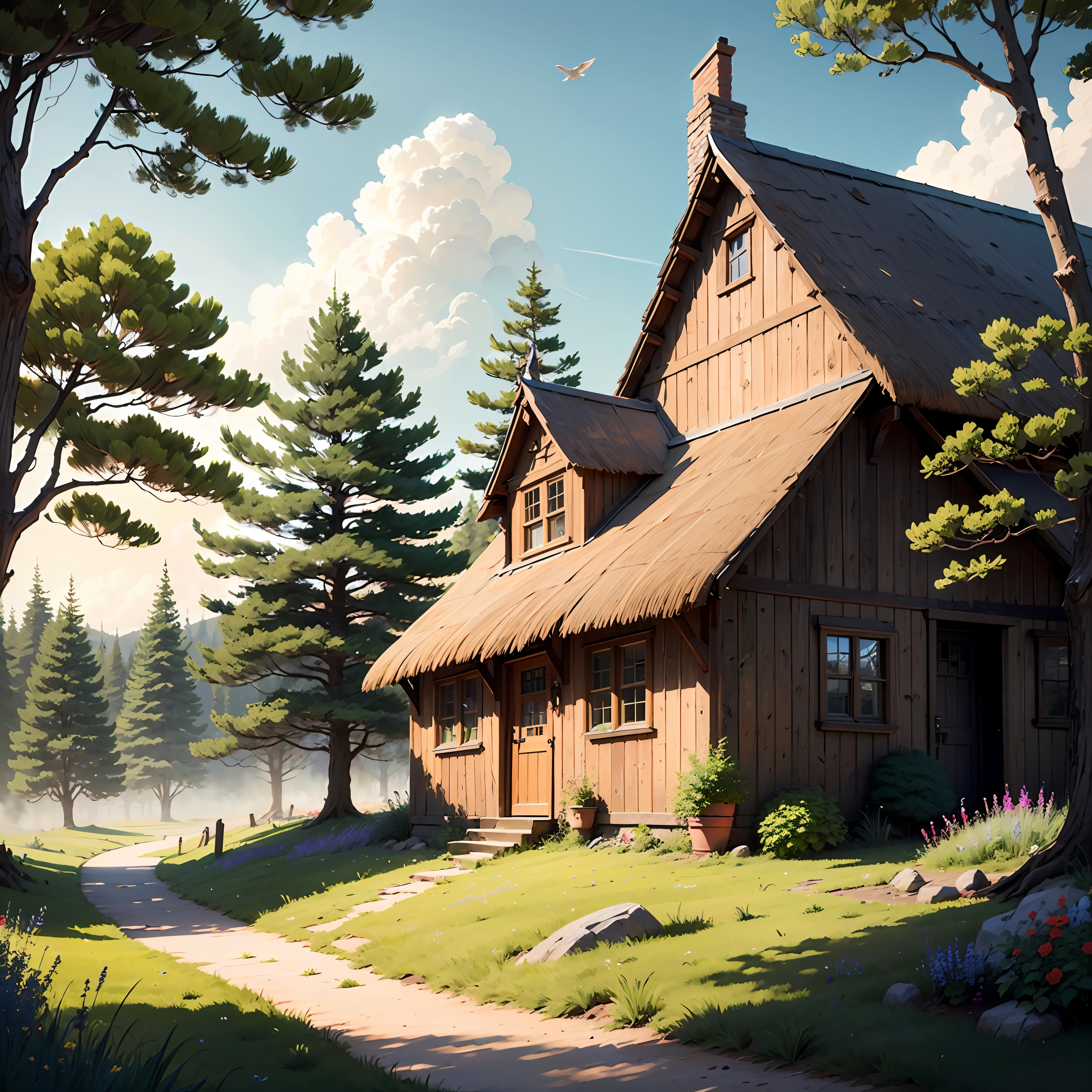 The sweeping meadow stretches as far as the eye can behold under the vast azure heavens. The tall green grasses dance gently in the warm breeze, dotted with vibrant wildflowers bowing their heads. In the distance, a small thatched cottage sits nestled against a copse of trees, thin trails of smoke wisping up from the stone chimney. A wood barn and fenced area for animals lies nearby, and a well-trodden path leads from the cottage down to a glistening brook. The fields beyond the home are spotted with rows of growing vegetables and grains. The only sounds are the rustling grasses, a hawk crying overhead, and the faint baaing of sheep somewhere beyond the horizon. Though the landscape appears empty, there is a peacefulness and beauty to the picturesque meadow that feels like home. By Joshua Holford Photography Award Winning Detail and flare 8k fz80 --auto