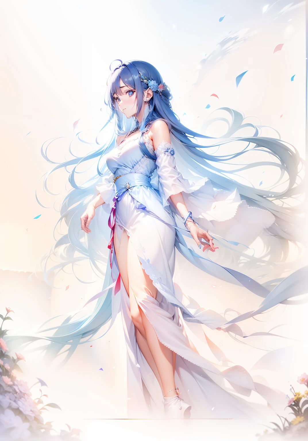 Long blue dress, Blue hair, Red petals, Moon background 8k resolution trend cover hand on Artstation, Unreal Engine 5