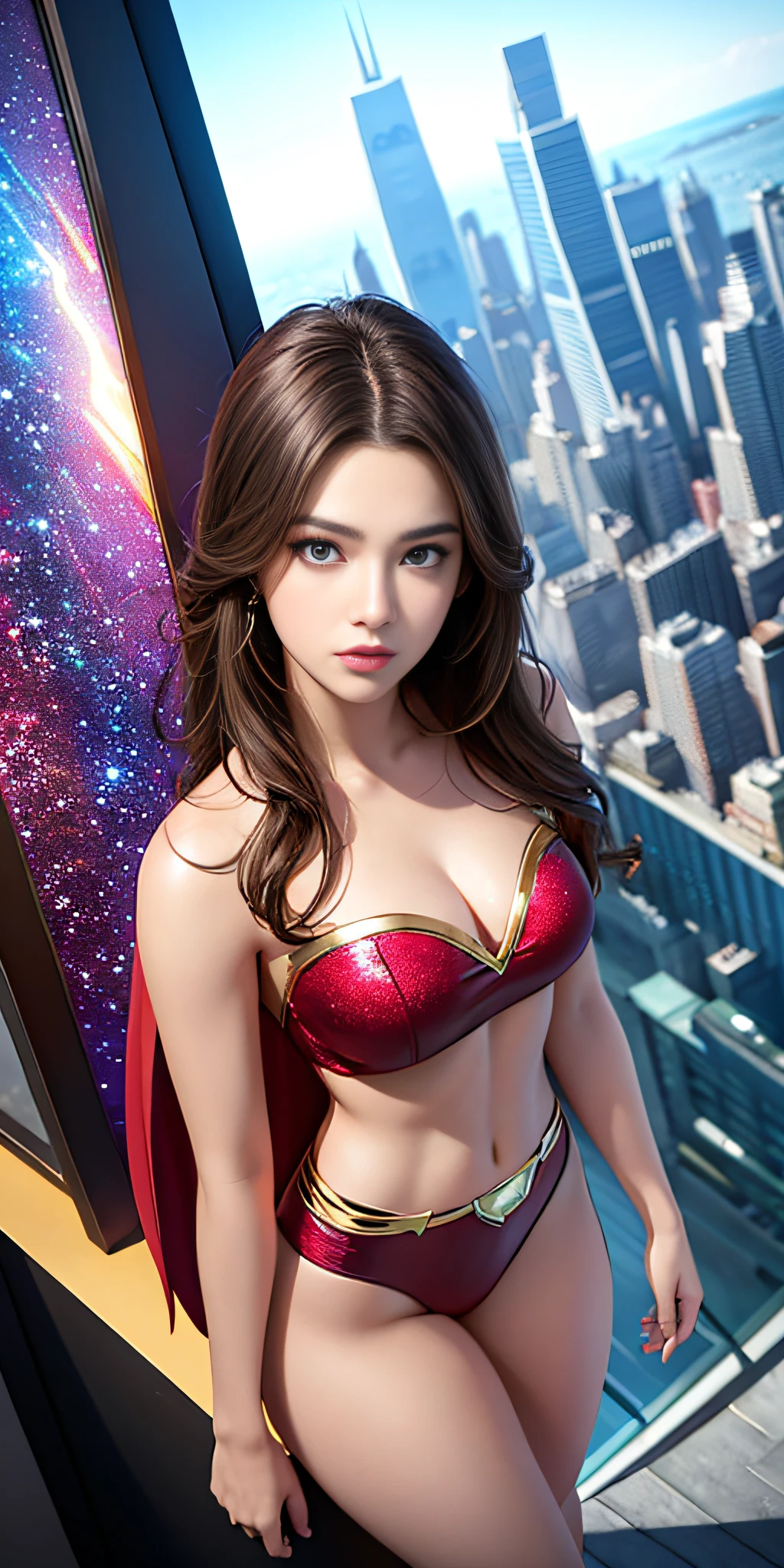 Anime style, (superman girl), insanely beautiful Alina Gorokhova portrait photo, 21 years old, full body, top angle, body curves, navel, miniskirt, smooth creamy skin, beautiful maroon eyes, Beautiful facial details, ((Manhattan background) )), low angle medium shot, greedy and attractive, amazingly euphoric gorgeous, vivid emotion, peach fluff, symmetrical circular iris, natural Glitter makeup, detailed moisture, detailed droplets, detailed intricate hair strands, DSLR, reflected in raytraced, Pino Deni, Larry's Bud Melmann, symmetrical face and body, CGsociety, Gottfried Hernwein and Irakli Nadal, eye reflections, focus, Unreal Engine 5, VFX, film photography, extreme detail, Ultra HD, post-processing, post-production, single face, Tanvir Tamim, ultra-realistic photography, Shot with Hasselblad X1D-50c, ISO 100