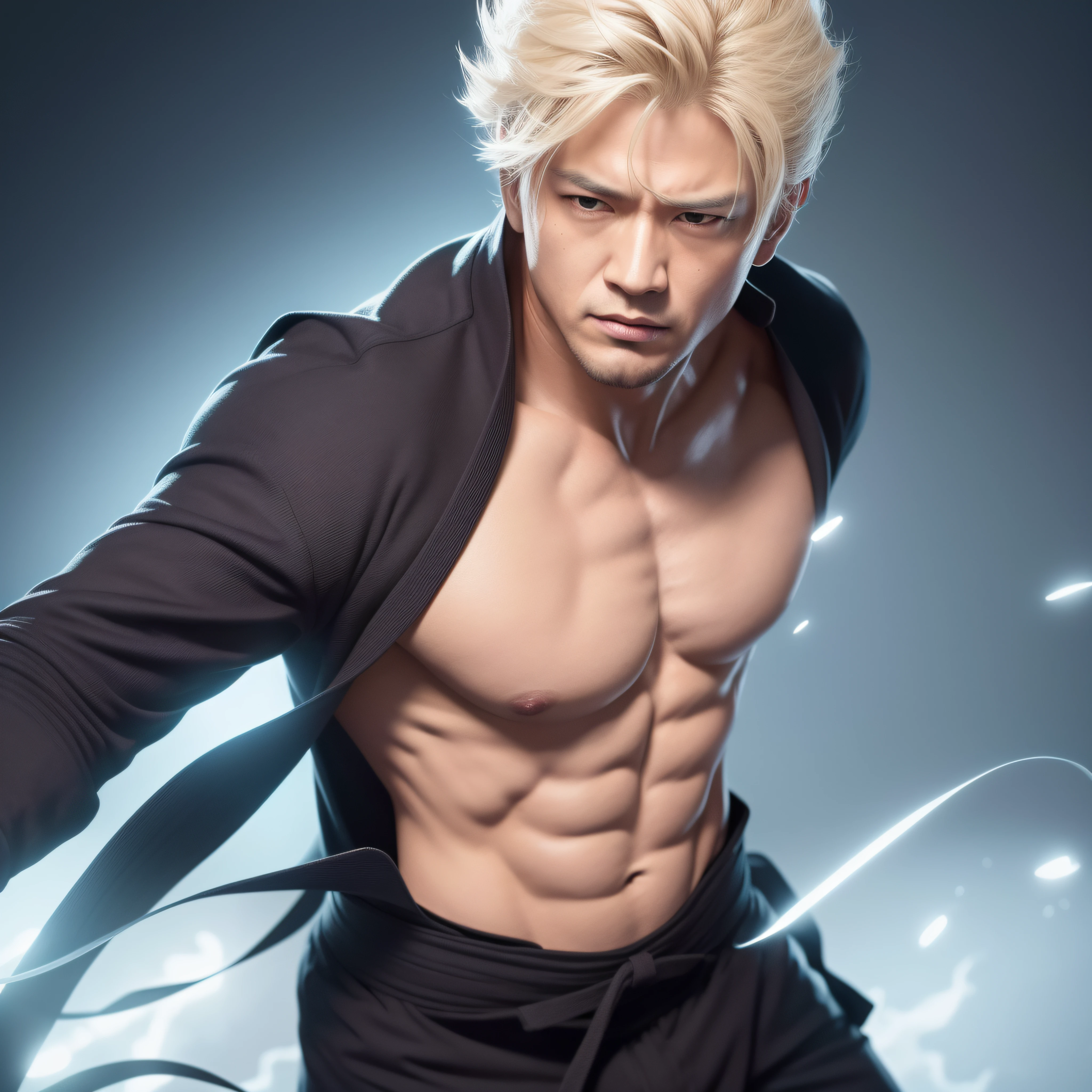 Imagine uma imagem hiper-realista de Satoru Gojo, the iconic anime character Jujutsu Kaisen. Na imagem, Gojo is not center, emanando uma aura poderosa e confiante. Seu cabelo branco impecavelmente estilizado flui suavemente ao redor de seu rosto, destacando seus olhos intensamente azuis e penetrantes. His gaze conveys a mixture of determination and calm, como se ele estivesse pronto para enfrentar qualquer desafio. Her perfectly toned and flawless skin reflects her strength and skill. Wearing his signature jujutsu uniform, He exudes an air of dominance and domination. The wealth of detail in the hyper-realistic image makes you feel as if you can reach out and touch the imposing figure of Satoru Gojo, capturing his charismatic and powerful presence.