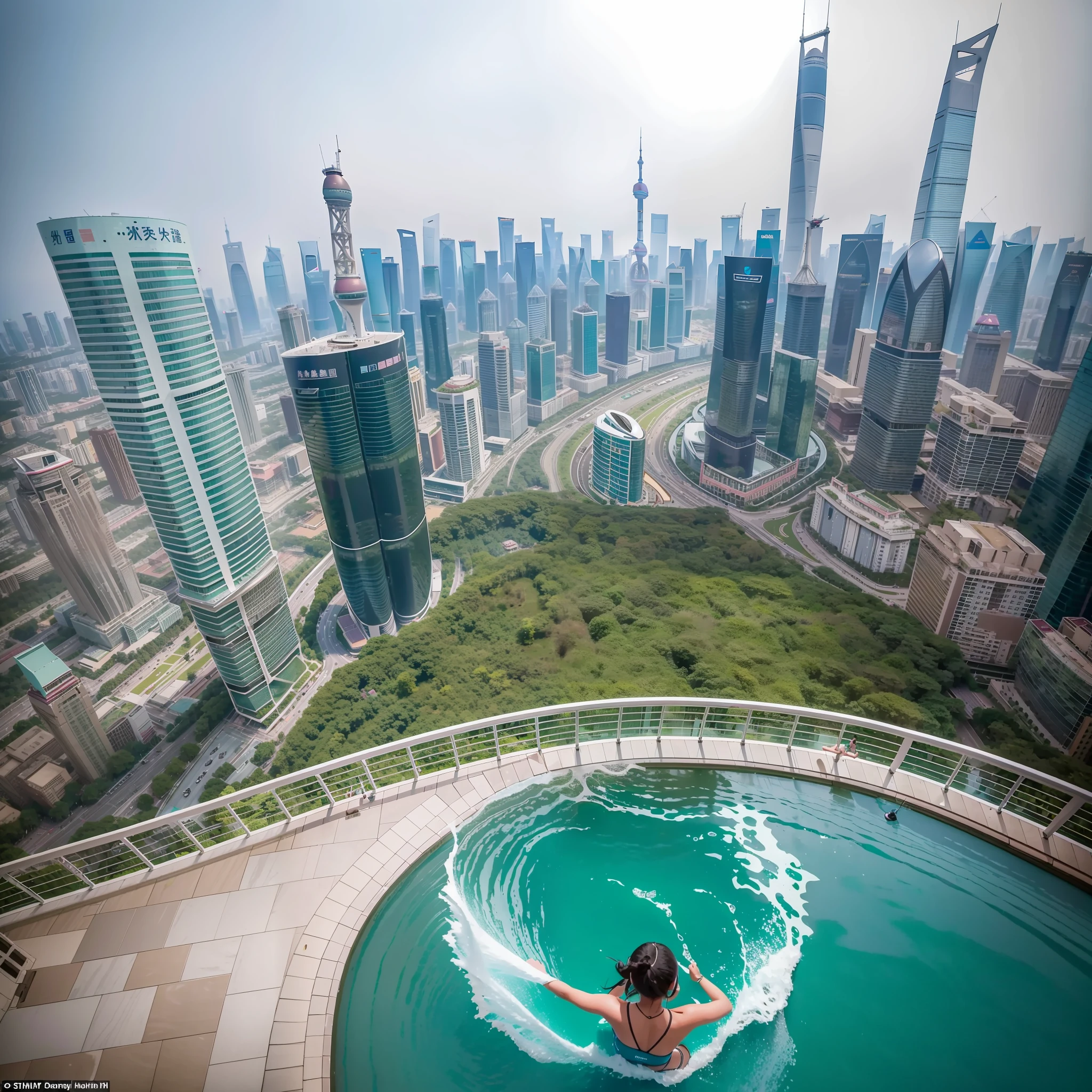 There is a fifth of the forest around，The sky is colorful，Located on the 108th floor of Shanghai Tower on the Bund in Shanghai，Five s in bikinis frolic in the pool by floor-to-ceiling windows，High-altitude helicopters fly by from a distance