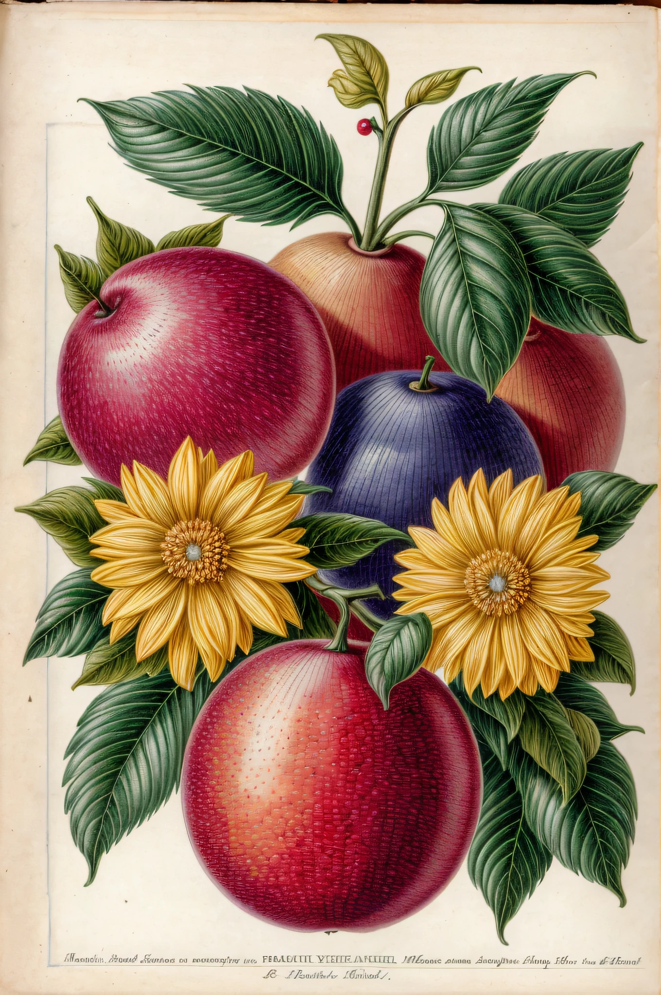 (best quality:1.2), (detailed:1.2), (masterpiece:1.2), vintage botanical illustrations of impossible magic fruit (1770 1775) in high resolution by John Edwards