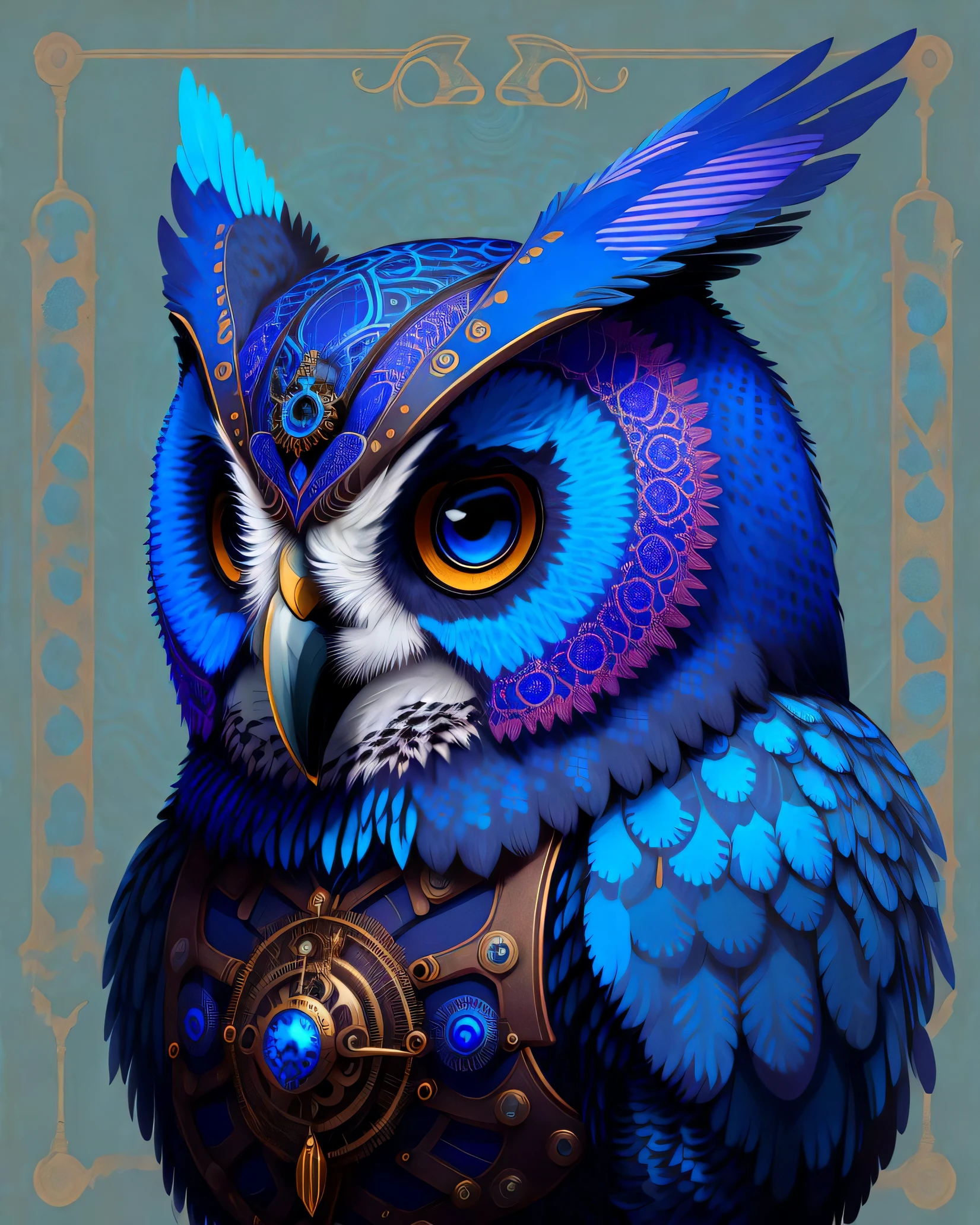 Portrait of an owl, steampunk, indigo blue, colorful, illustration, highly detailed, simple, smooth, and clean vector, no jagged lines, vector art, smooth, made all with grey colored gears inspired by future technology