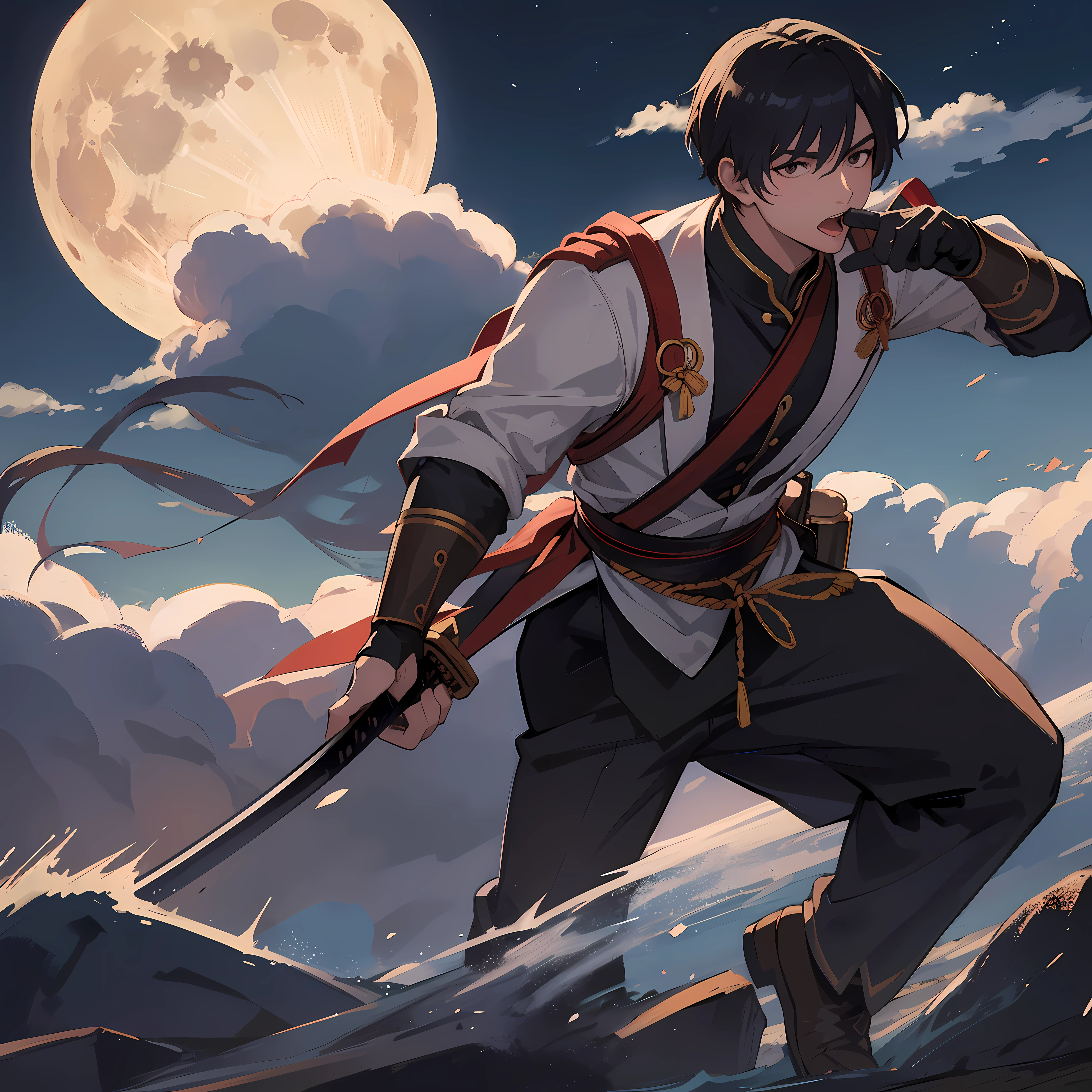 Taiwanese man 30 year old wearing traditional war clothes and slashing an ennemy with his katana, shouting, short black hair, night scene in the hills, moon on the background, anime, wide shot