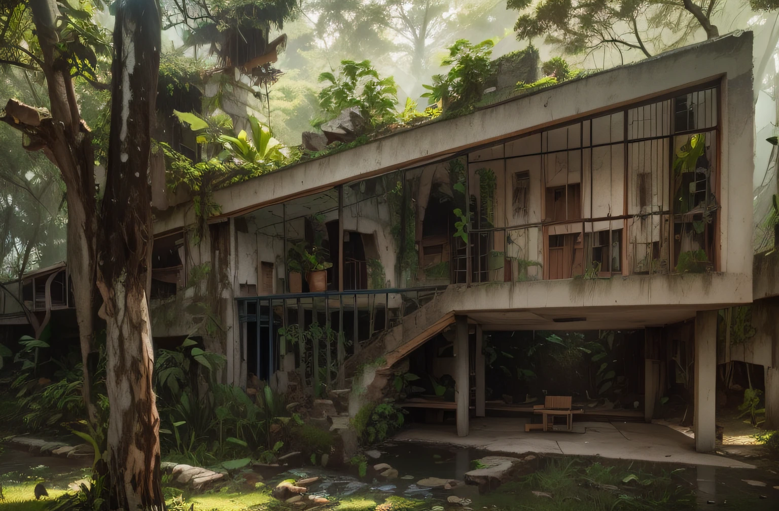 "Casa abandonada, ruins, dense vegetation, dense mist."