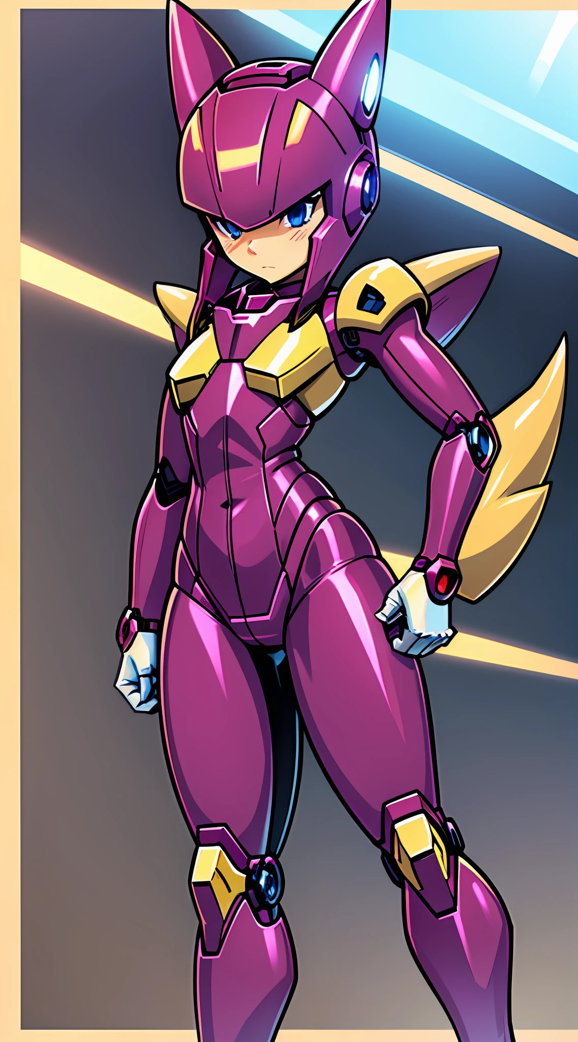 1Girl, small chest, looking at own hands while wearing iron man suit (nervous+confused), large mechsuit, renamon themed mechsuit, white gold and purple mechsuit, thick armor