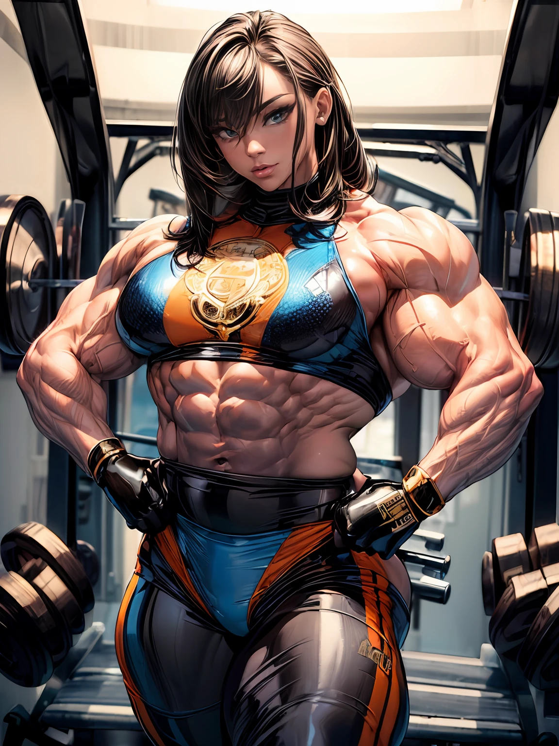 high contrast, (8K UHD:1.2), (photorealistic:1.2),(masterpiece:1.4), (best quality:1.4),extremely detailed wallpaper, highly detailed illustrations, ((1 Girl)) , (super-complex details) , 4K unified, (masterpiece:1.2), (best quality:1.2), (1woman), (masterpiece), 1girl, solo focus, a trail picture like the blue suit girl. Make the suit and orange and black glossy color so the muscles will show greatly.,(body builder:1.9)),((upper body)),((muscular legs)),((latex)),((covered)),((big body :1.5)).((muscular:1.5))