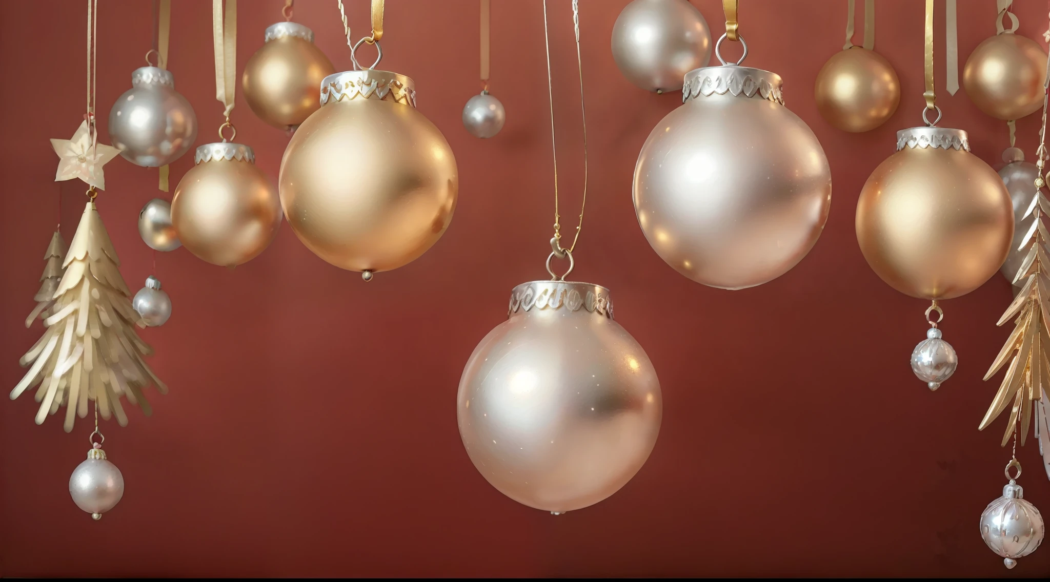 The image shows a red background with gold and silver decorations hanging. There are also some gold and silver balls hanging from the decorations. The decorations appear to be made of tinplate or tinplate-like material. There is a space for text or an image to be added in the center of the image.
