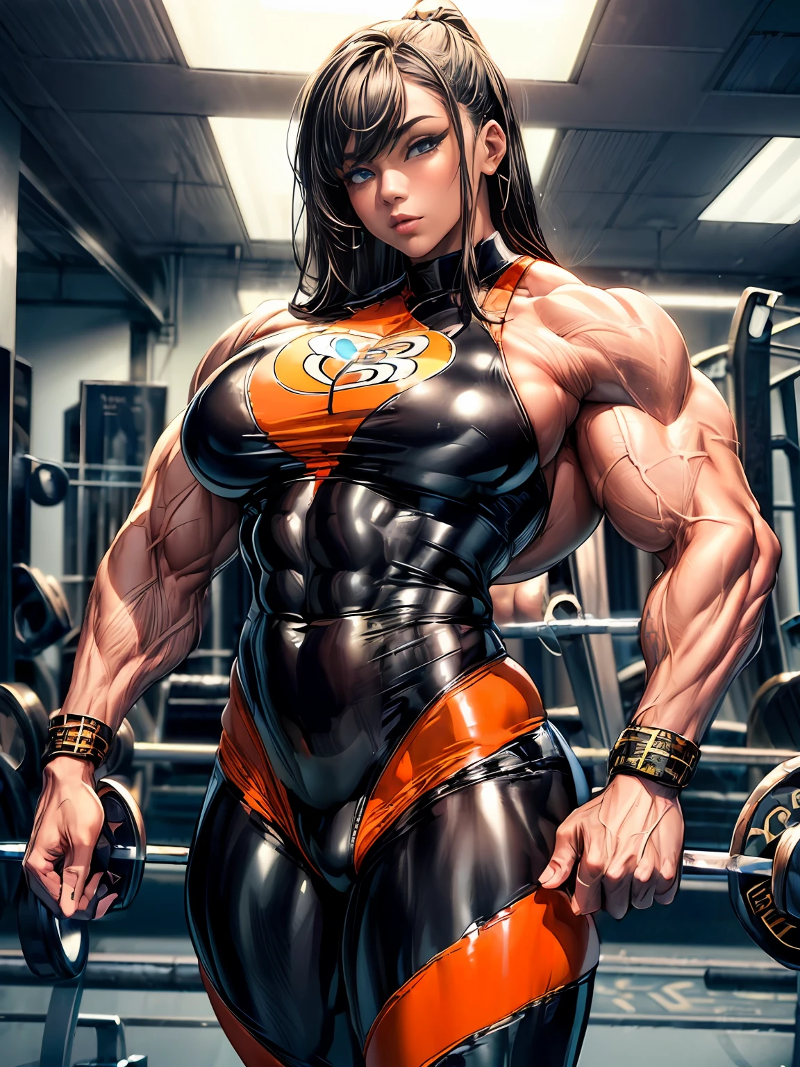 high contrast, (8K UHD:1.2), (photorealistic:1.2),(masterpiece:1.4), (best quality:1.4),extremely detailed wallpaper, highly detailed illustrations, ((1 Girl)) , (super-complex details) , 4K unified, (masterpiece:1.2), (best quality:1.2), (1woman), (masterpiece), 1girl, solo focus, a trail picture like the blue suit girl. Make the suit and orange and black glossy color so the muscles will show greatly.,(body builder:1.9)),((upper body)),((muscular legs)),((latex)),((covered)),((big body :1.5)).((muscular:1.5))
