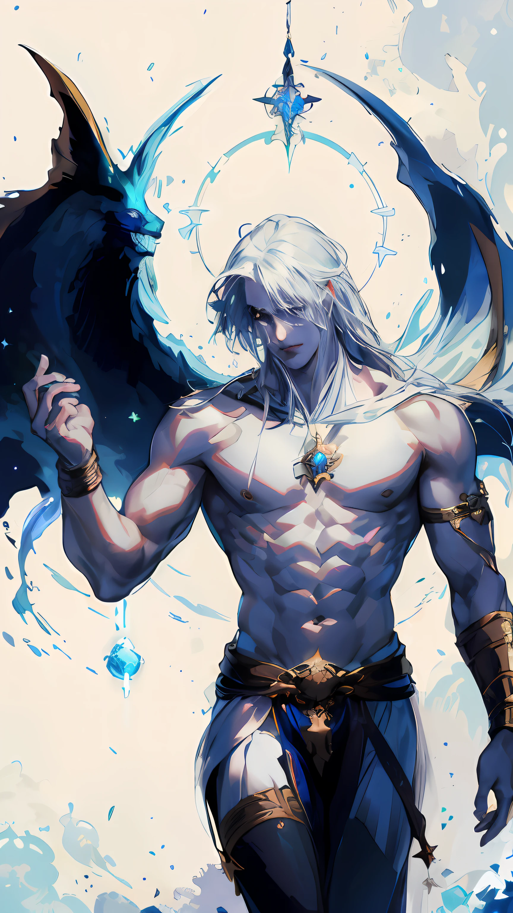 ((ember)), ((Guy)), (()), youth, 26 years old. Face Clean, ((Square Face)), no beard, ah high, muscular, fit, ((proud)), Green eyes, eyes the color of fresh grass, Long silver hair, fluttering in the wind, Light Greek toga, White clothes, A halo of stars overhead, Stars sparkle all around, ((The stars shine and shine on the face)), Star Boy, sparkles with stars and precious stones, ((Stars on the face)), (( Precious stones on the face)), (((front))), Glowing white and gold beam, epic art, Fantasy, Super detailed, ArtStation Award Winner, Masterpiece