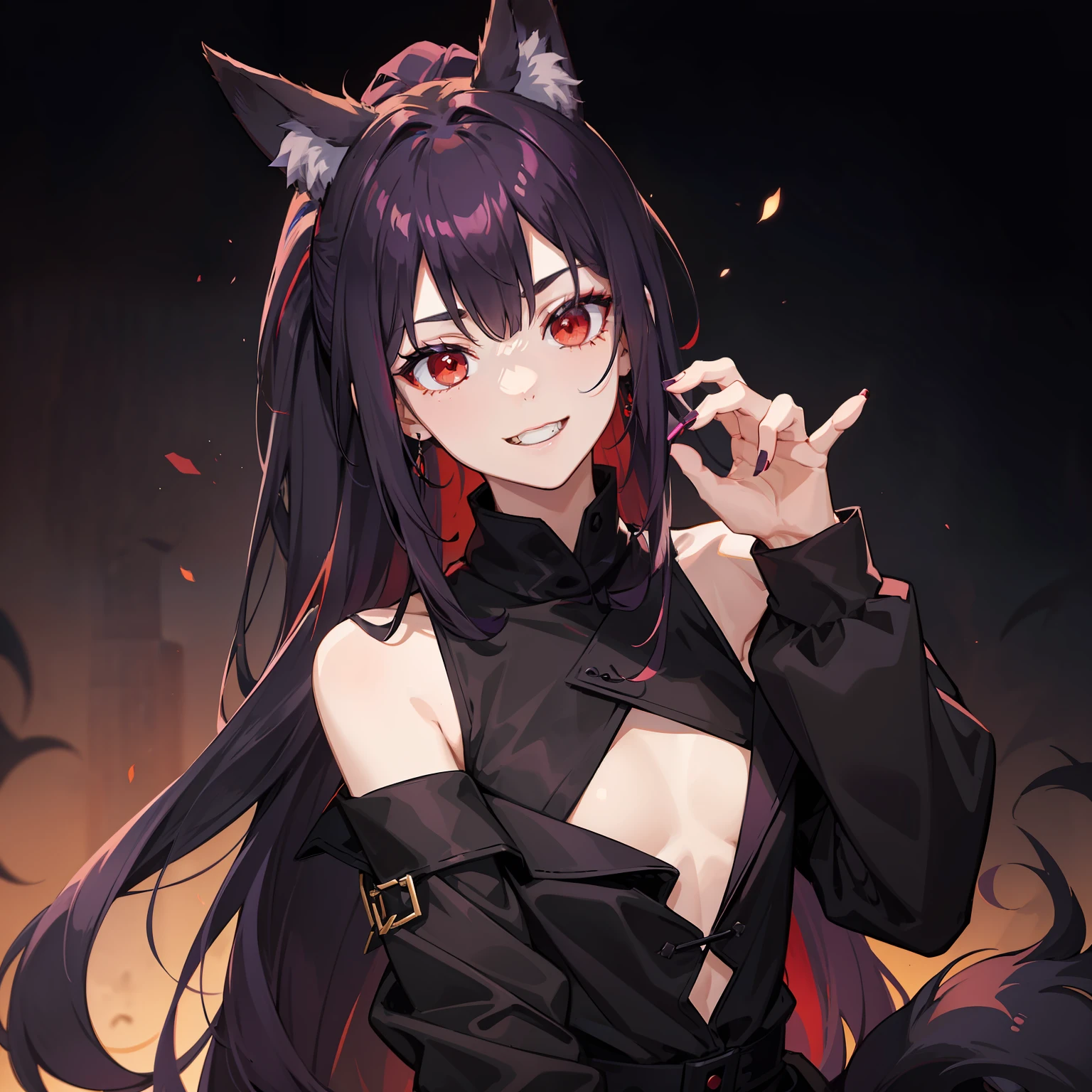 Young guy, pretty facial features, long dark purple hair, half gathered in messy ponytail, half loose, dangerous bright red eyes, black fit clothes with many details, fox ears and tail, mad smile,