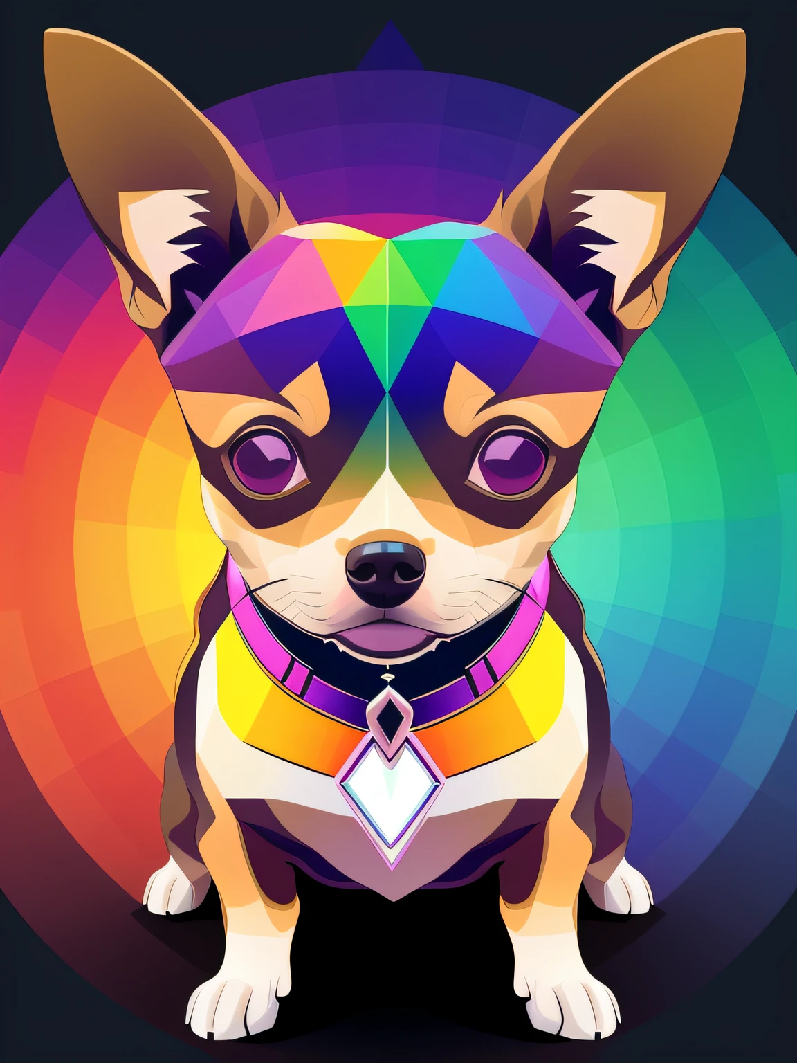 Vector-art of a (chihuahua in rainbow colors with a geometric twist: 1.3). Use geometric shapes and patterns to compose the chihuahua's body and fur, incorporating the various colors of the rainbow seamlessly into the design, (ultradetailed eyes: 1.2). Play with angles and lines to create a dynamic and visually intriguing artwork. You can add a bold and contrasting background to make the chihuahua stand out even more. This style should be contemporary and eye-catching, isolated, black background, in the style of 0mib