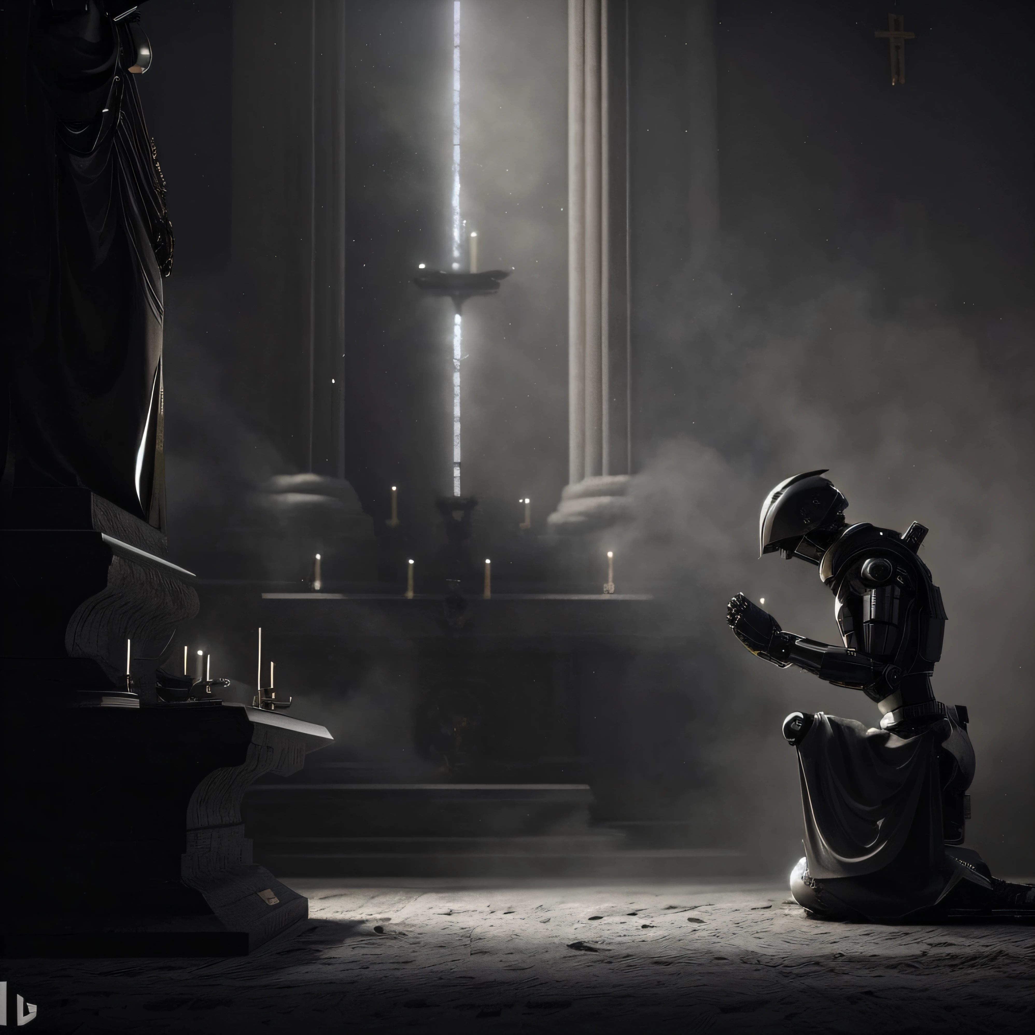 Imagem de um robo ajoelhada em uma igreja escura com velas, kneeling in prayer, arte conceitual escura fotorrealista, Premiado na CGSetaltion, em um altar antigo, inspirado por Brian Despain, praying, inspirado em Grzegorz Domaradzki, unreal engine render + uma deusa, daily render, inspirado em Igor Kieryluk