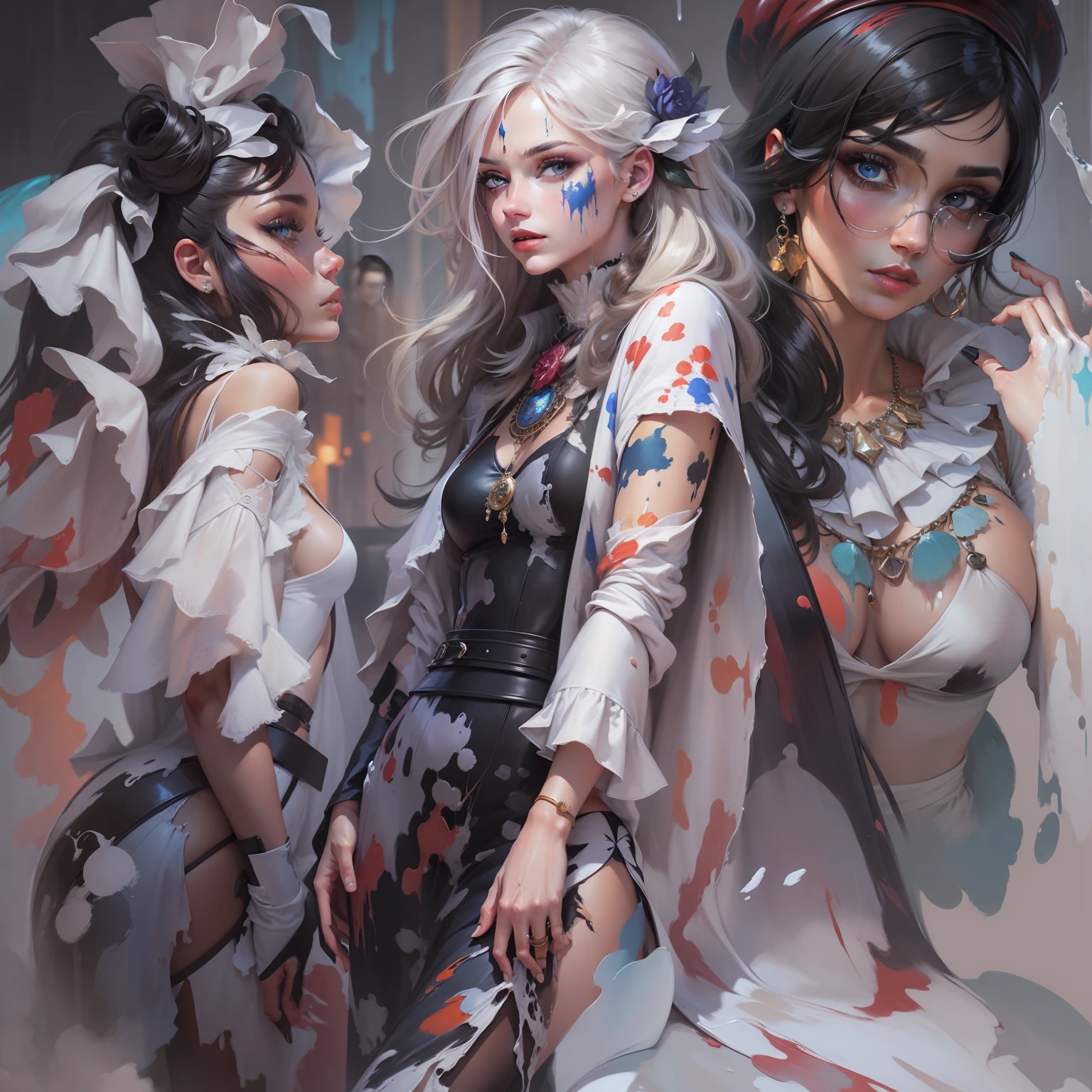 oil painting style, FASHION. masterpiece, perfect face, perfect eyes, macro, A randomized humanoid character with unique outfits and poses, oil painting, heavy strokes, paint dripping