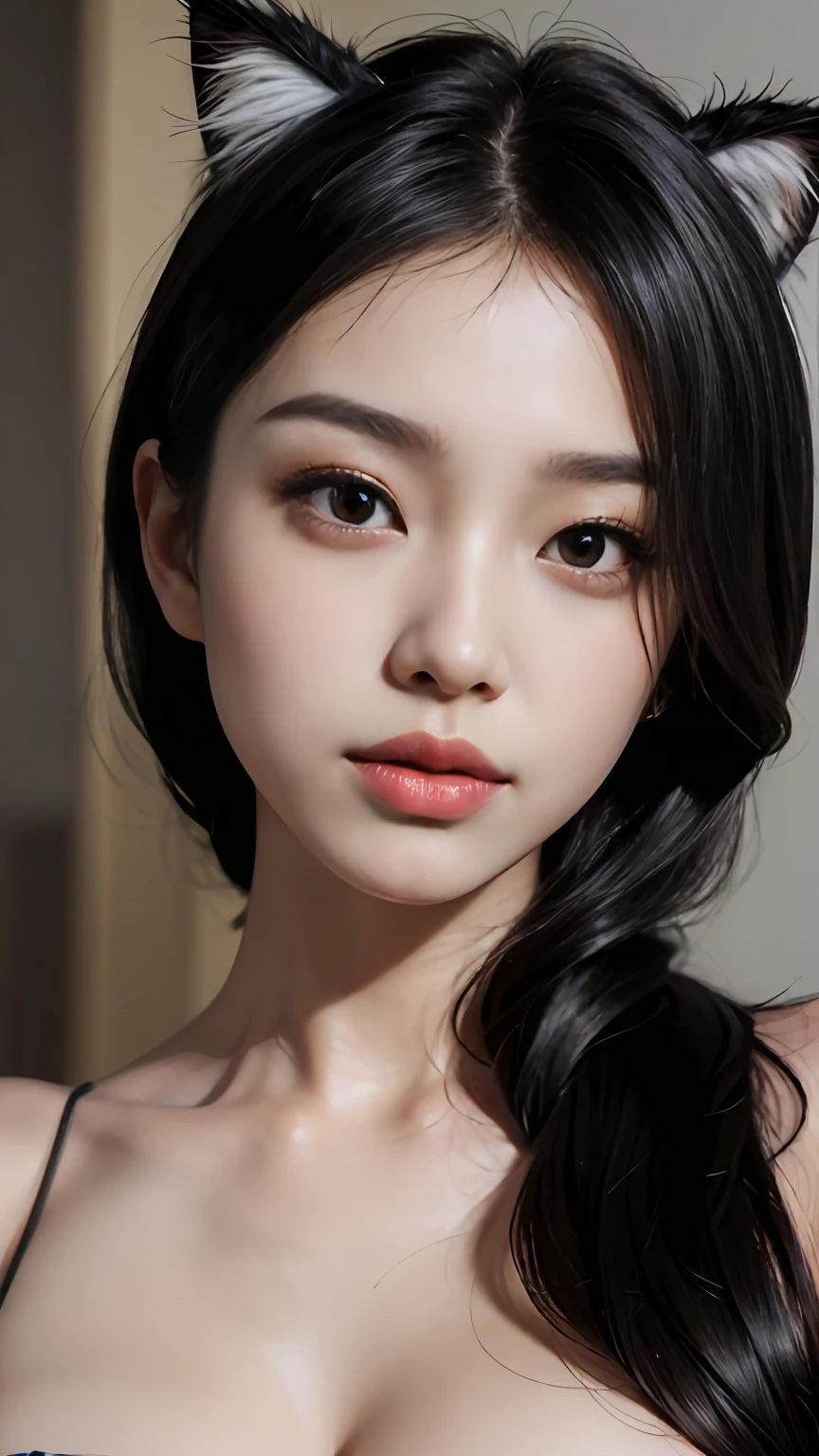 Slender Asian girl, kpop idol, ((In a cat costume)), ((top quality, 8k, masterpiece: 1.3)), crisp focus: 1.2, beautiful woman with perfect figure: 1.4, highly detailed face and skin texture, detailed eyes, ((skinny)), beautiful face, symmetrical face, full-length, sexy, naked