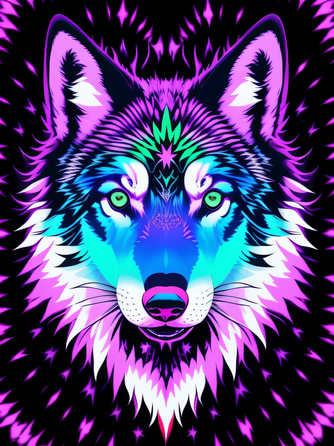 Vector-art of a (vibrant and psychedelic wolf tie dye: 1.3) design. The wolf can be depicted with a mystical and alluring expression, surrounded by swirling tie-dye patterns in various bold colors. Use a mix of vibrant hues, such as neon pink, electric blue, and lime green, to create an eye-catching and mesmerizing effect. Incorporate stars and crescent moons in the background to add a touch of magic to the artwork, isolated, black background, in the style of 0mib