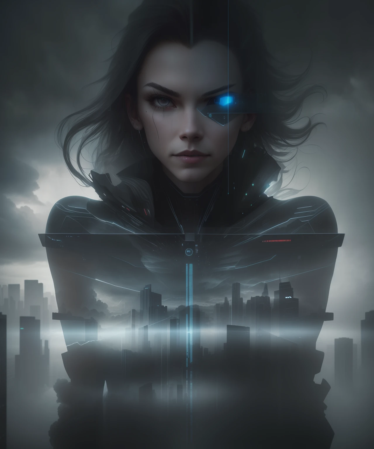 cyberpunk [foggy cityscape in the distance : very pretty girl, city:0.33] immersed in a giant flow of wind, living in a thunder cloud, behind the cloud, (double exposure:1.3), photo by Brandon Woelfelmist, surreal dream, gray atmosphere, rainy day, dynamic, lut, hdr
