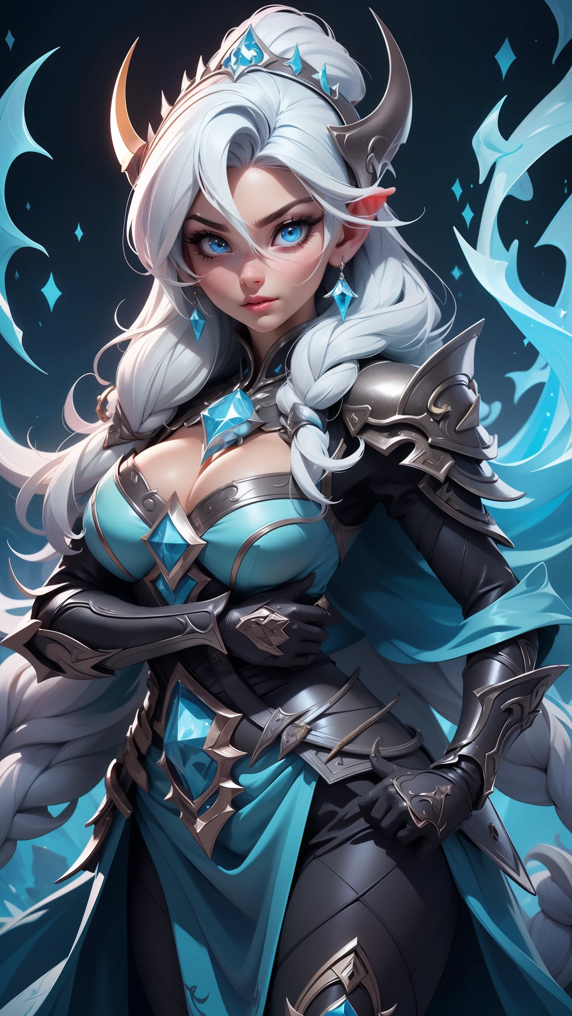 Elsa-Lich King Fusion, Cabelos brancos da Elsa, Roupas do Lich King, particulas de gelo, melting, 1girl, Beautiful, (master part:1.2), (melhor qualidade:1.2), (Solo:1.2), ((pose de luta)), ((campo de batalha)), cinemactic, olhos perfeitos, pele perfeita, perfect lighting, sorrir, luz, cor, pele texturizada, detalhe, Beleza, maravilha, ultra-detalhado, rosto perfeito