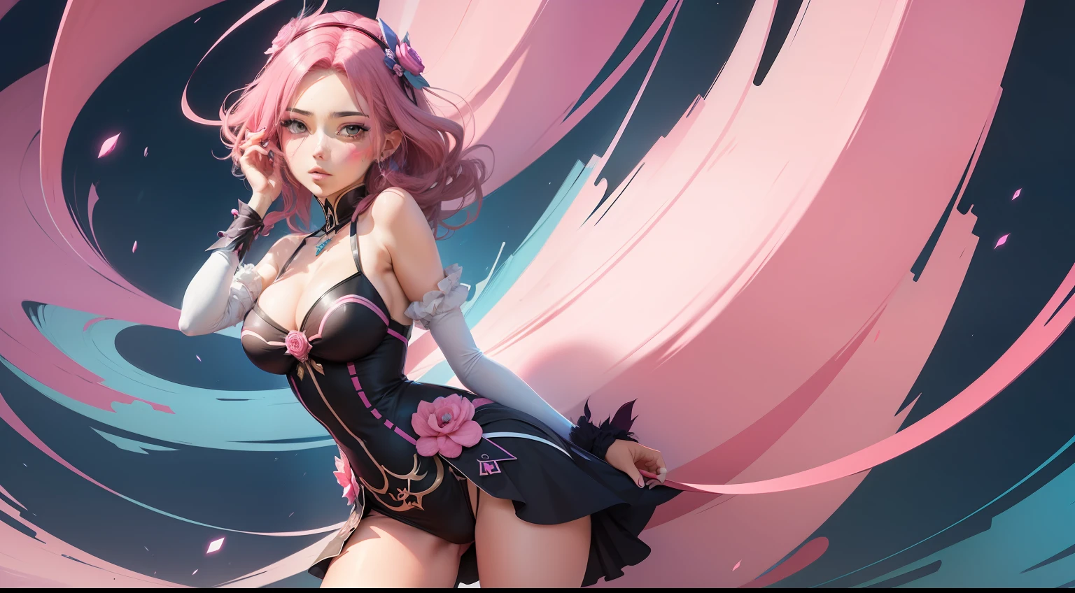 garota de anime 2d sexy fundo rosa e azul abstrato art