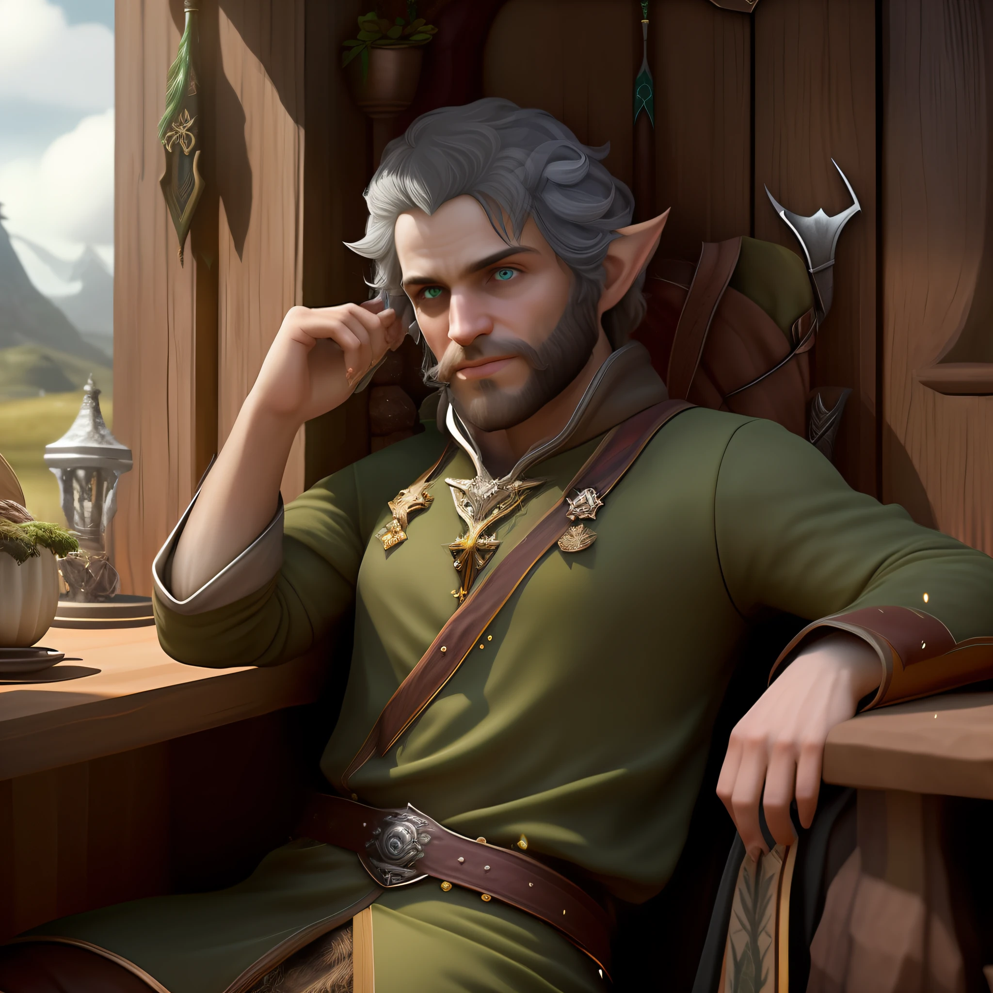 Um retrato de um elfo masculino com barba, um elfo macho, Elfo Ranger Masculino.