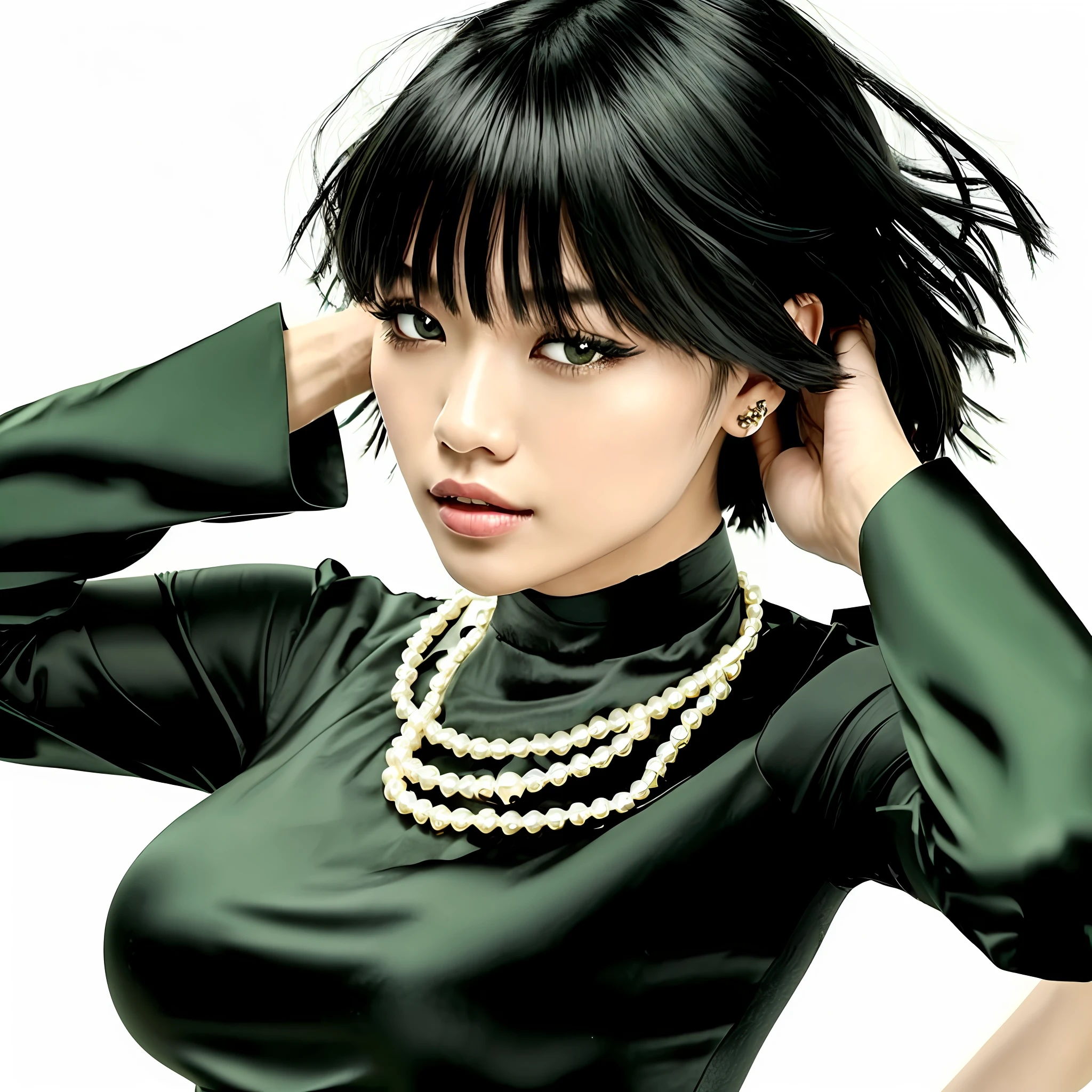 Masterpiece, gala party, some hair droping around the face, wearing a golden choker collar with pearls over the dress (choker with three layers), light reflexes on her hair, gala party, beautiful, gorgeous white woman, woman in her twenty three years old, stunning asian green eyes, hottest woman i've ever seen, wearing a dark green dress with a neck protection, pretty lips, she has a black asian bob haircut, her dress cover all his body, medium short black hair (her hair seems like thick strips or ribbons), medium breasts, wearing a golden collar with pearls over the dress (choker), she is running her hands through the back of her hair, 4K, 8K, ultra resolution, higly detailed face, a gala party in the background, daylight, hair moving, beauty nose