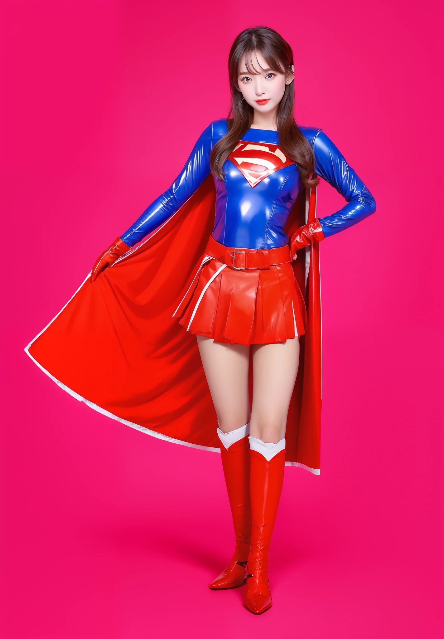 beautiful skirt、a red skirt、a belt、beautiful hairl、Stocking legs