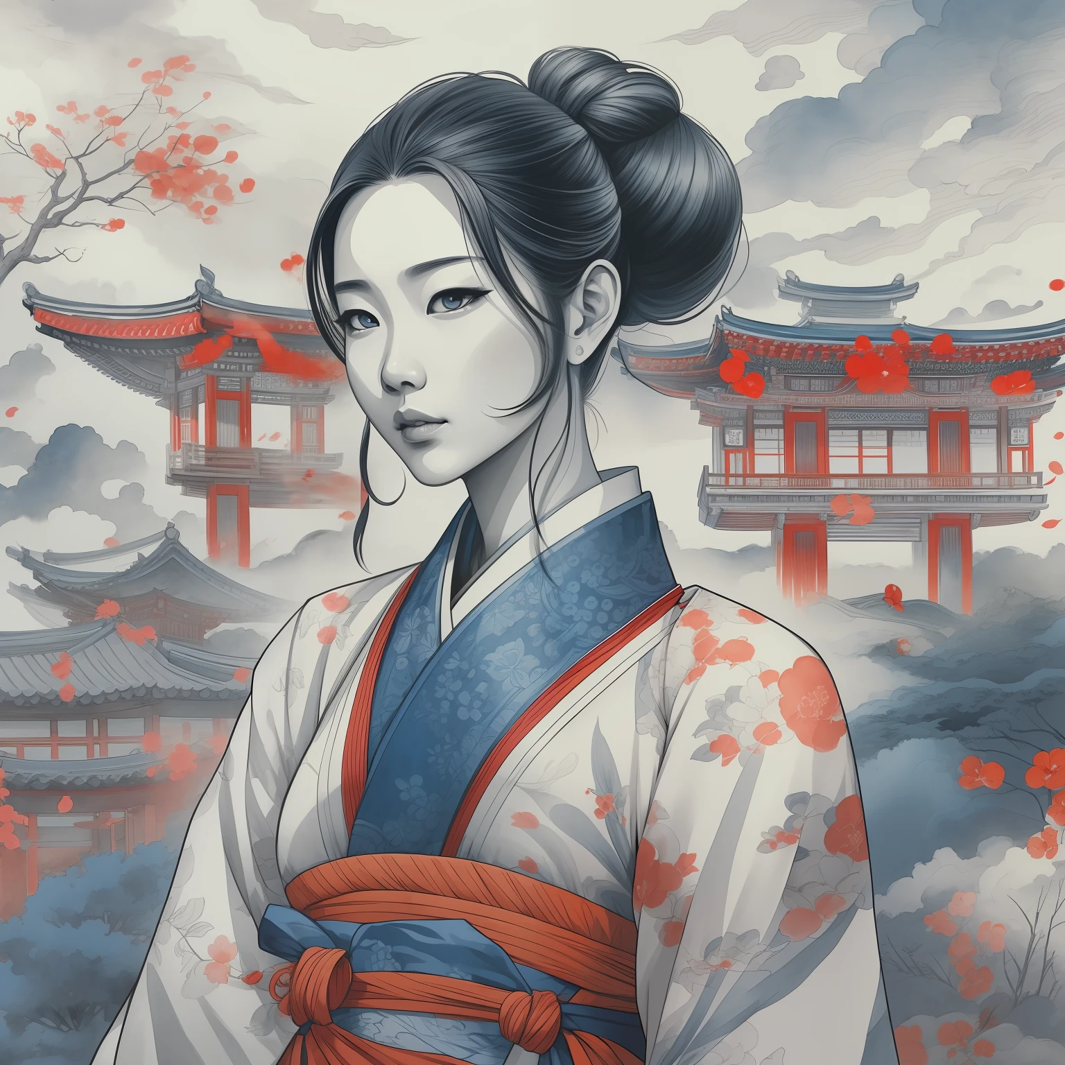 zoomed out Ink drawing of Korean lady, traditional clothes, digital illustration, comic style, Dong Son drum patterns background, black and white contrast, perfect anatomy, centered, dynamic, highly detailed, watercolor painting, artstation, concept art, smooth, sharp focus, illustration, indigo blue and red accent