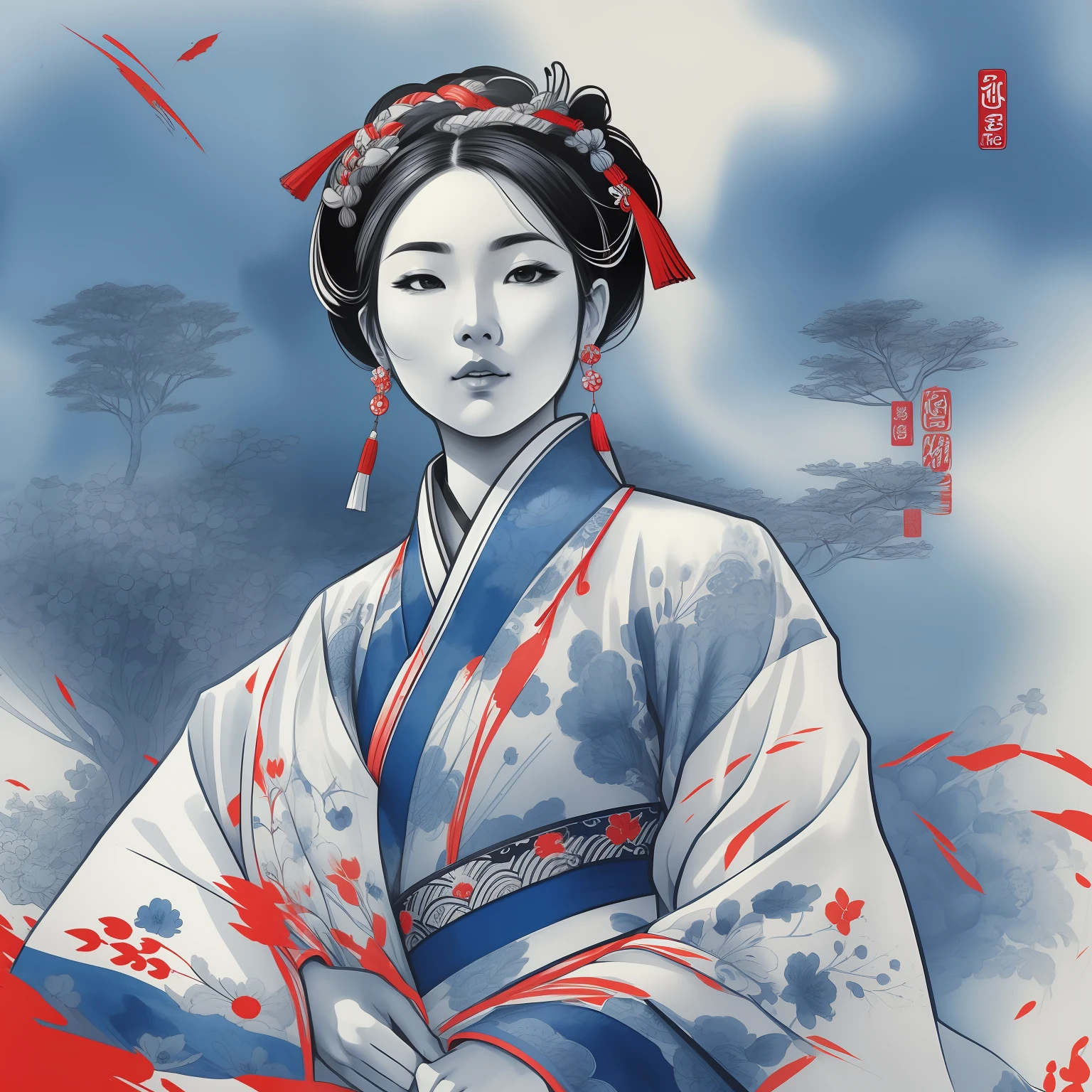 zoomed out Ink drawing of Korean lady, traditional clothes, digital illustration, comic style, Dong Son drum patterns background, black and white contrast, perfect anatomy, centered, dynamic, highly detailed, watercolor painting, artstation, concept art, smooth, sharp focus, illustration, indigo blue and red accent