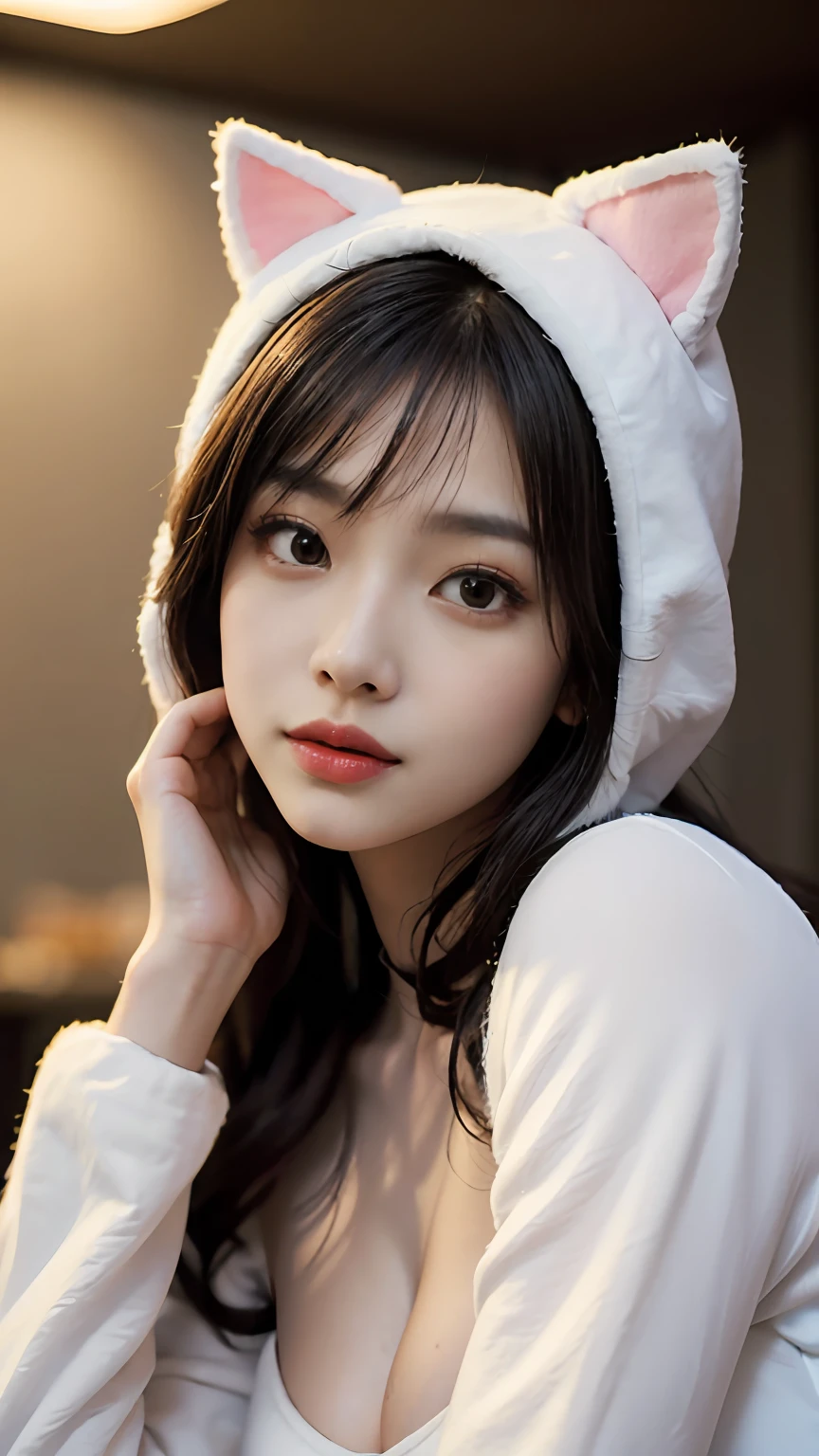 Slender Asian girl, kpop idol, ((In a cat costume)), ((top quality, 8k, masterpiece: 1.3)), crisp focus: 1.2, beautiful woman with perfect figure: 1.4, highly detailed face and skin texture, detailed eyes, ((skinny)), beautiful face, symmetrical face, full-length, sexy, naked