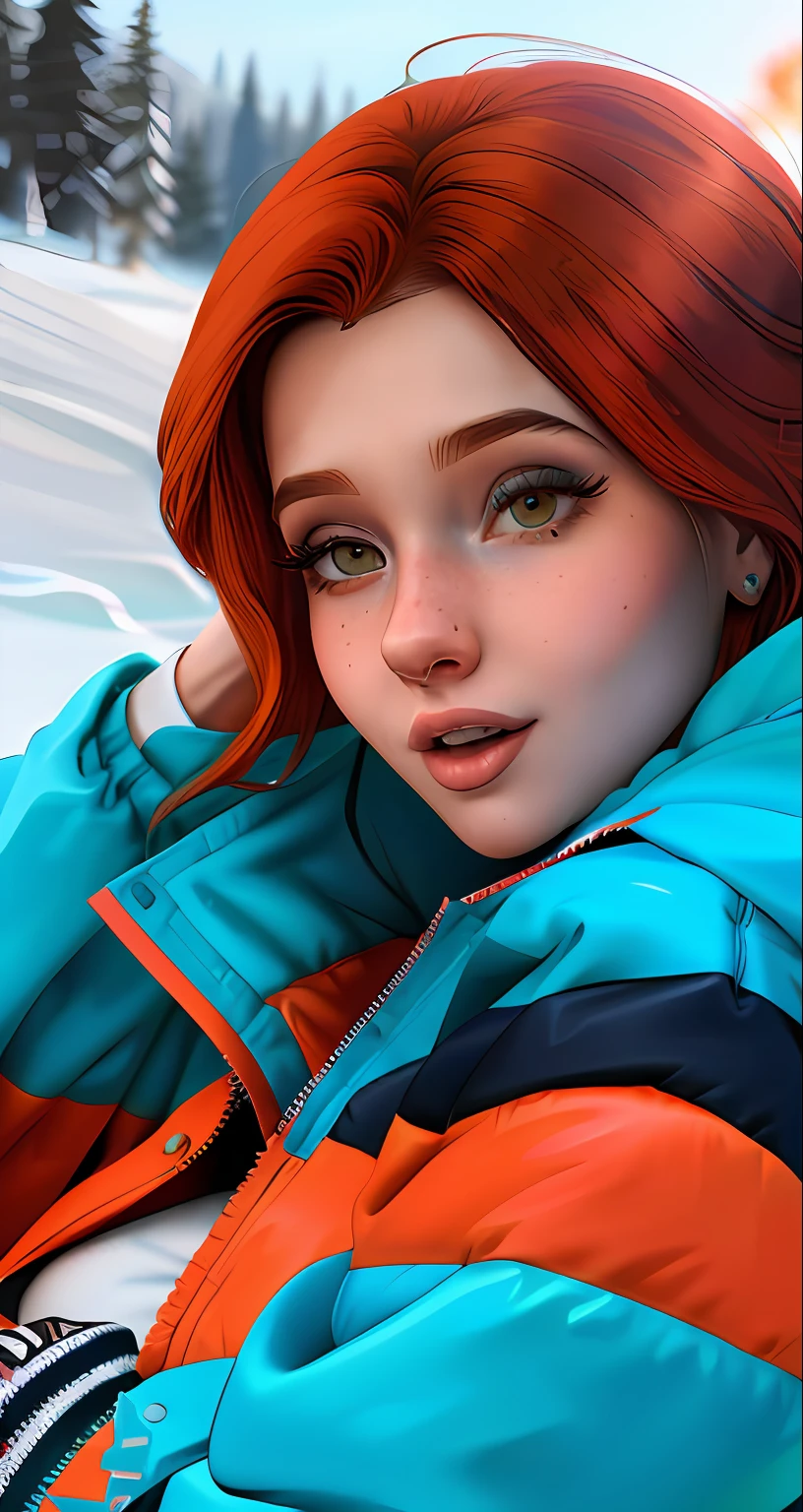 mulher bonita vestindo jaket azul, red head, neve caindo, Katyasitak, closeup,
obra-prima, higeres, 4k, hdr, trending in artstation, seios fartos e cheia de curvas