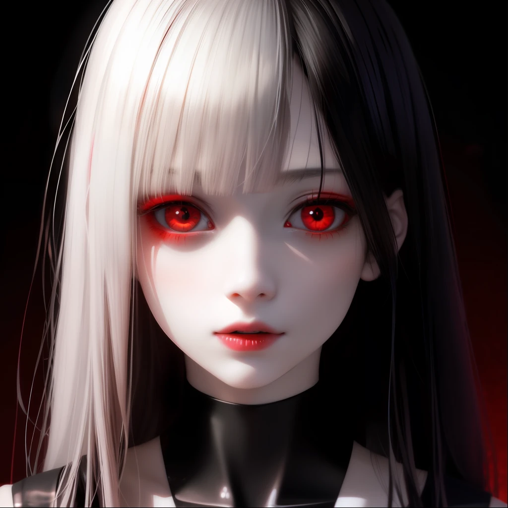anime girl with red eyes and long hair with black collar, with glowing red eyes, with red glowing eyes, luminous red eyes, glowing red eyes, anime styled 3d, red eyes glowing, with red eyes, red glowing eyes, photorealistic anime girl render, bright red eyes, render of a cute 3d anime girl, fully red eyes, red eyes