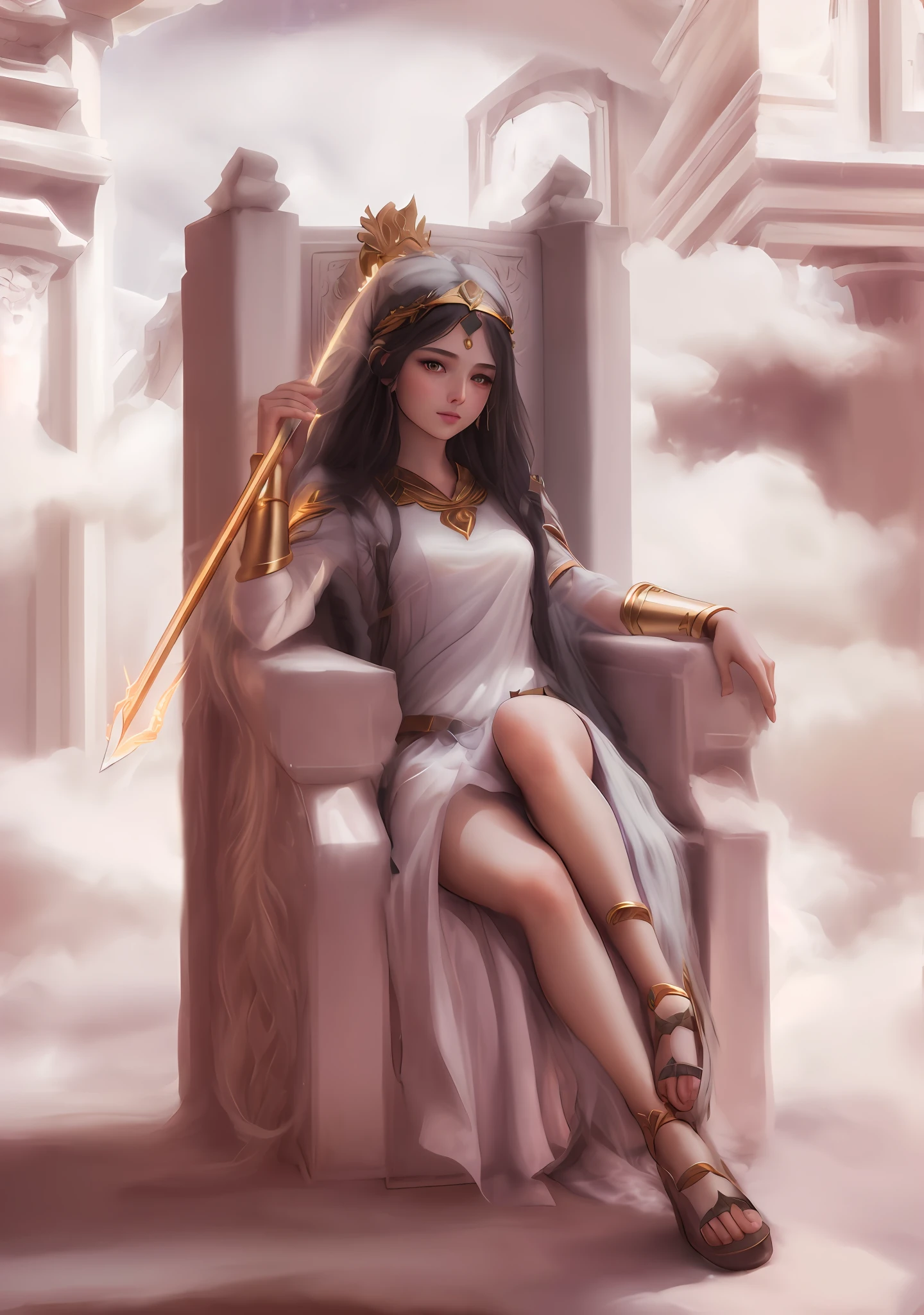 ((best quality)), ((masterpiece)), ((realistic)), (detailed), painting of a woman sitting on a throne with a sword, the goddess hestia, beautiful goddess, goddess of greek mythology, portrait of a beautiful goddess, greek goddess athena, a beautiful fantasy empress, goddess. extremely high detail, greek myth digital painting, a stunning portrait of a goddess, the god athena, venus godness athena, athena goddess of wisdom, photographic, 1girl, solo, looking at viewer, flat bangs, (young cute beautiful 18-year-old girl:1.1), 3d face, beautiful girl, pretty, girlface, kpop idol, supermodel, woman posing for a photo, stunning innocent symmetry face, perfect body, medium breast, slim waist, slim legs, (high detailed skin:1.2), glowing eyes, goddess, natural skin texture, shiny skin, White skin, Beautiful detailed face, detailed face, real skin texture, cute delicate face, finely detailed face, golden ratio, golden ratio face, expressive eyes, perfect face, perfect skin, flawless face, clear face, shiny hair, pale skin, Proper body proportion, perfect anatomy, realistic skin texture, luscious lips, glossy lips, natural makeup, beautiful bright pupils, slender figure, intricate eyes, detailed pupils, detailed face and eyes, longeyelashes, blush, good hand, finely detailed skin, oily skin, BREAK, ((((ember, battlefield, volumetric fog, grey mist, (white long hair:1.4), (ecstasy of silk:1.1), cinematic, sharp, ray tracing, brightness, luminosity