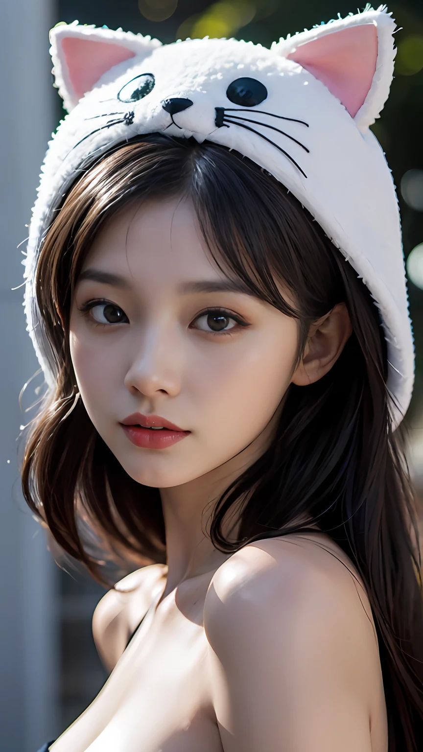 Slender Asian girl, kpop idol, ((In a cat costume)), ((top quality, 8k, masterpiece: 1.3)), crisp focus: 1.2, beautiful woman with perfect figure: 1.4, highly detailed face and skin texture, detailed eyes, ((skinny)), beautiful face, symmetrical face, full-length, sexy, naked