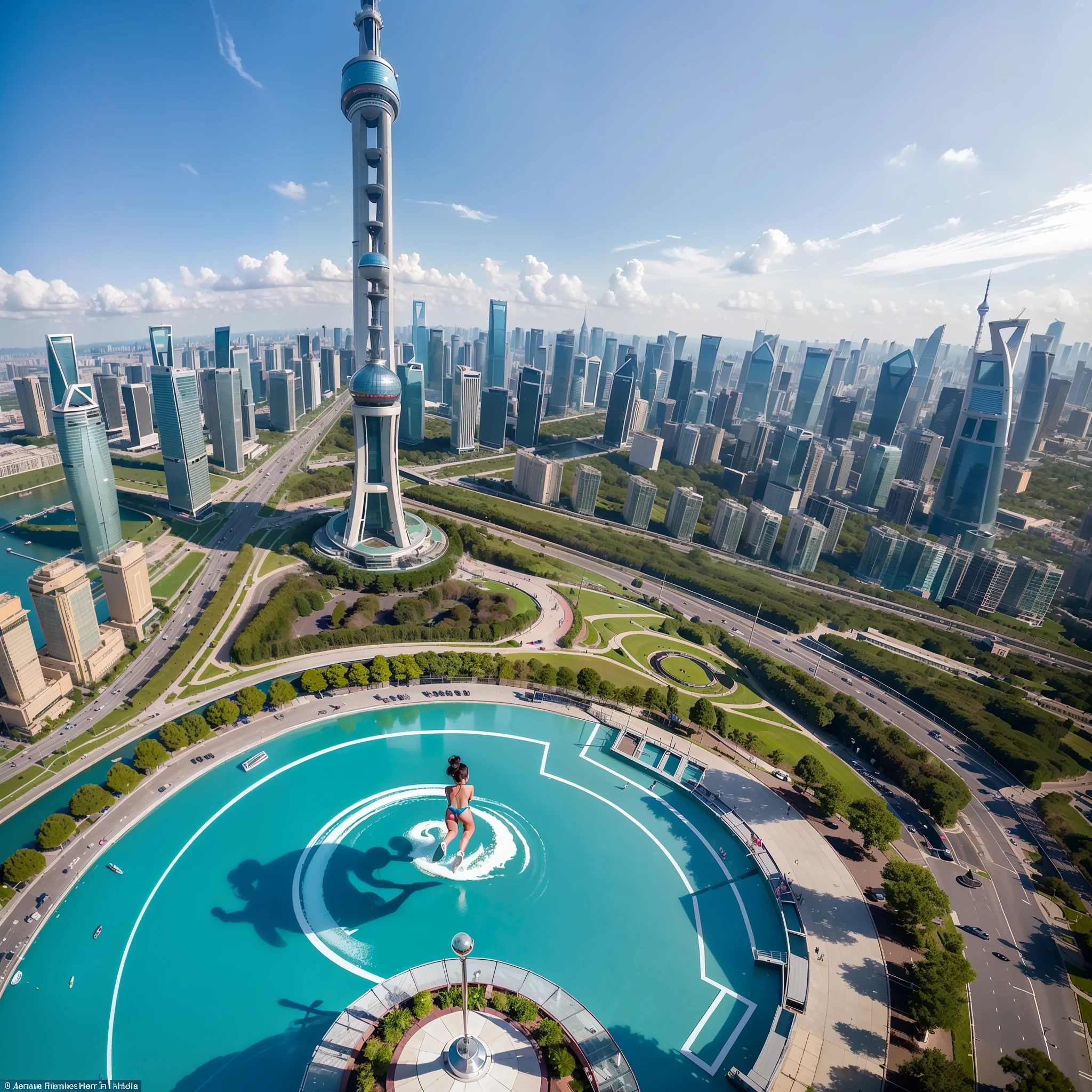 There is a fifth of the forest around，The sky is colorful，Located on the 108th floor of Shanghai Tower on the Bund in Shanghai，Five 11-year-old, delicate and noble girls in bikinis frolic in the pool by the floor-to-ceiling windows，High-altitude helicopters fly by from a distance