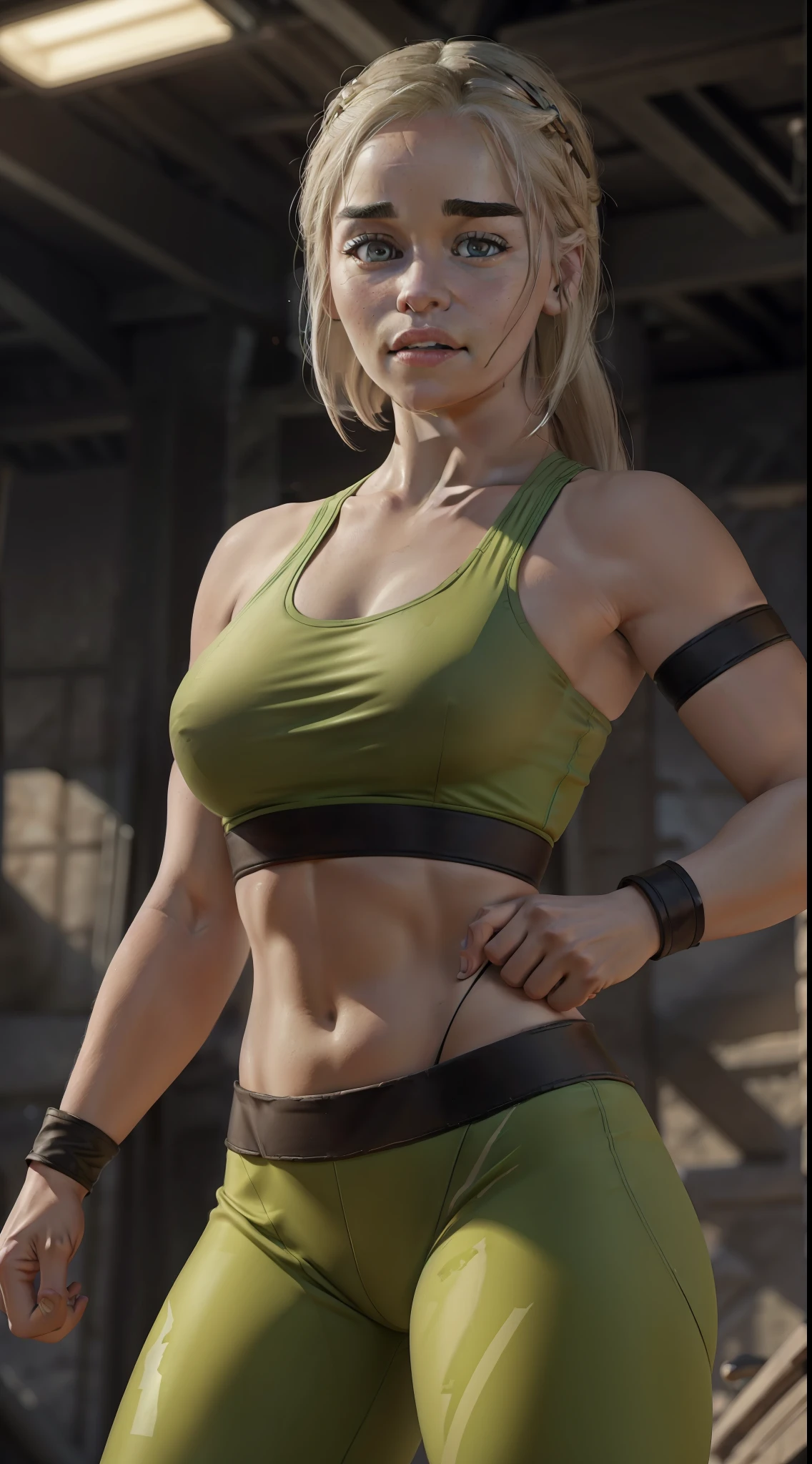 actress (Emilia Clarke) as a (Sonya Blade) wears a green sports bra, green pants and white sneakers, black holster, upper arm bands and chunky forearm bands, blonde bob cut hair with a head band, fit body, fighting pose, ready to fight, fighting arena, sultry, sexy, hot, shapely, full body render, fine detail, hyper realistic, HD, 4K, definition, texture, perfect detail, perfect face, beautiful, hyperrealism, trending on artstation