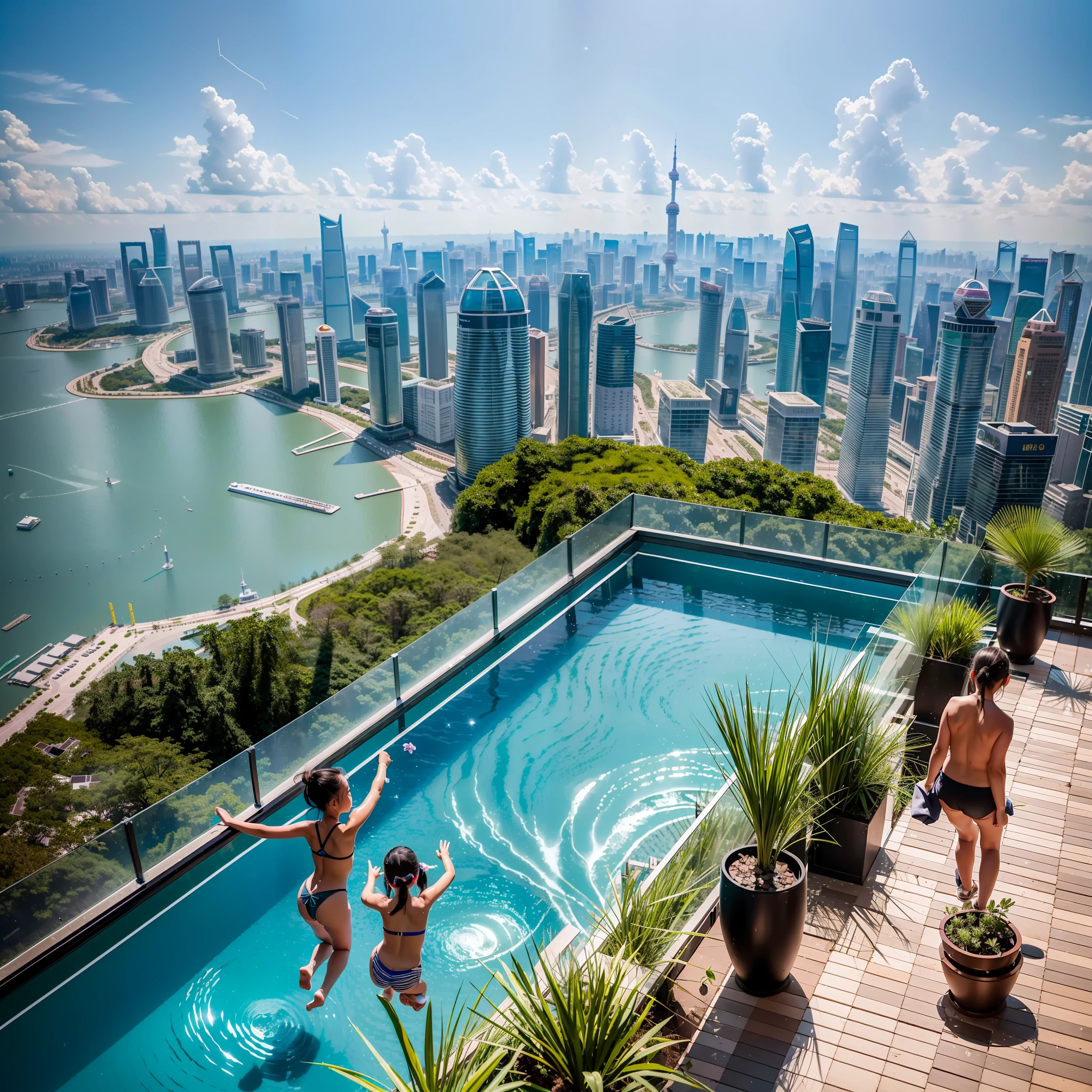 There is a fifth of the forest around，The sky is colorful，Located on the 108th floor of Shanghai Tower on the Bund in Shanghai，Five -yeld, dcate and noble girls in bikinis frolic in the pool by the floor-to-ceiling windows，High-altitude helicopters fly by from a distance